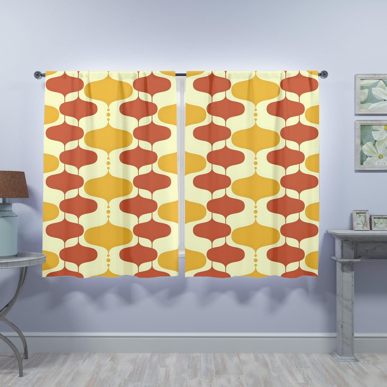 Mid Century Modern Mustard Yellow, Burnt Orange, Googie Designed Window Curtains (two panels) - Mid Century Modern Gal