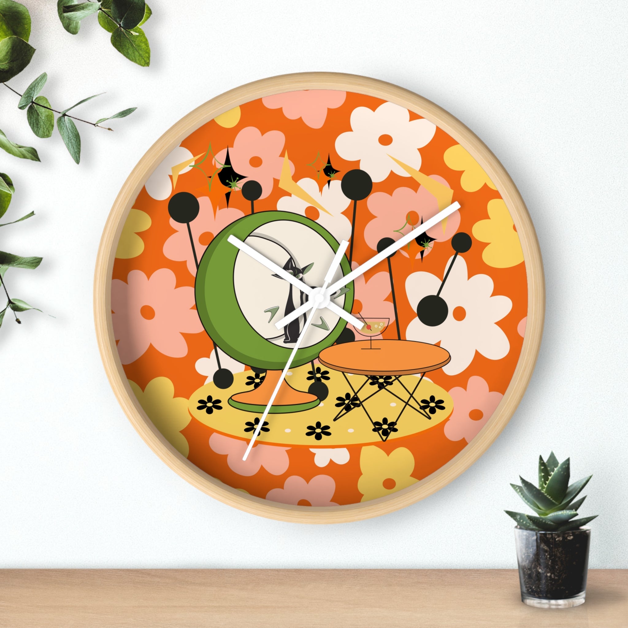 Atomic Cat Mid Century Modern Groovy Retro Floral Cat Wall Clock - Vintage Home Decor - Mid Century Modern Gal