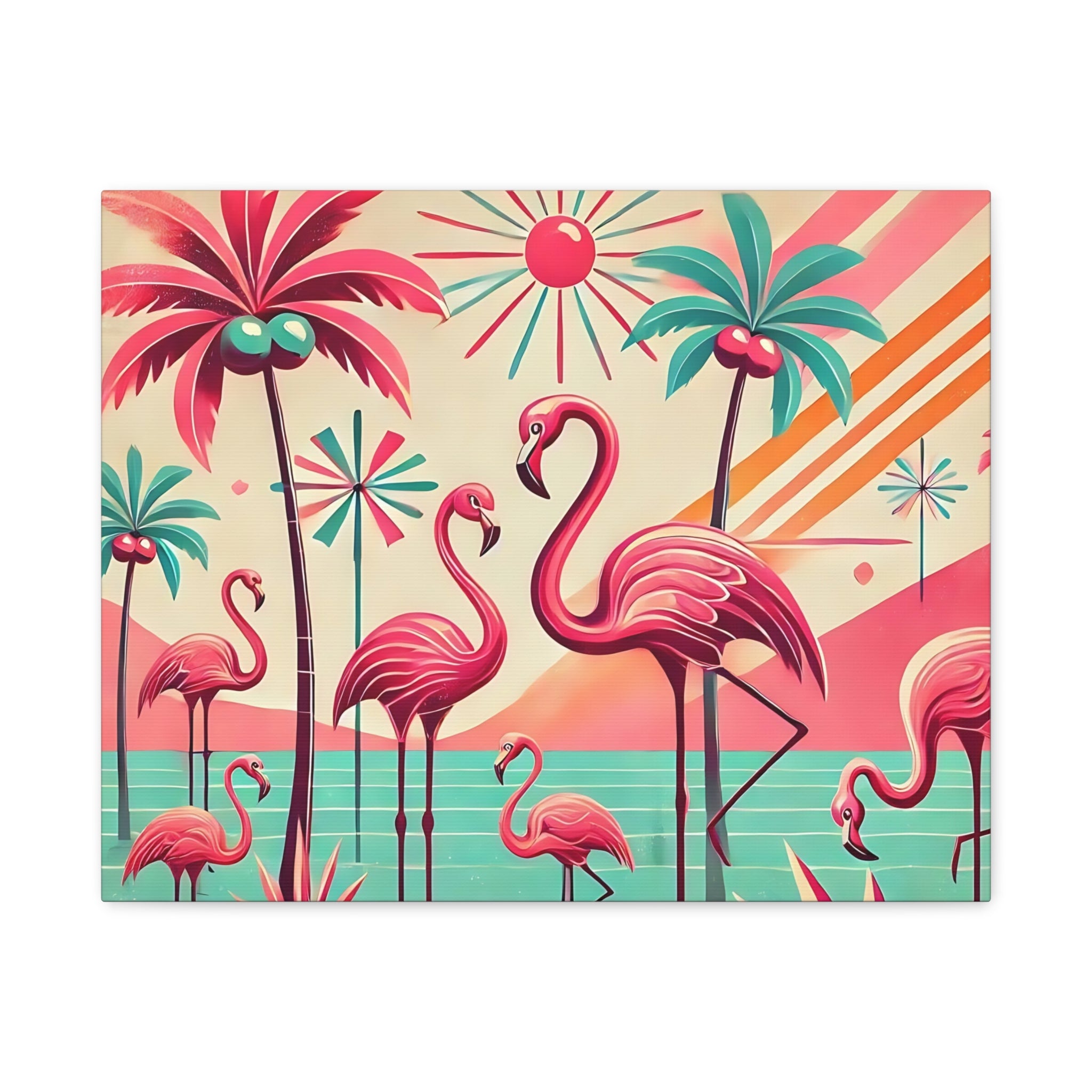 1950s Mid Century Modern Flamingo Art, Kitschy Pink, Teal, MCM Matte Canvas - Mid Century Modern Gal
