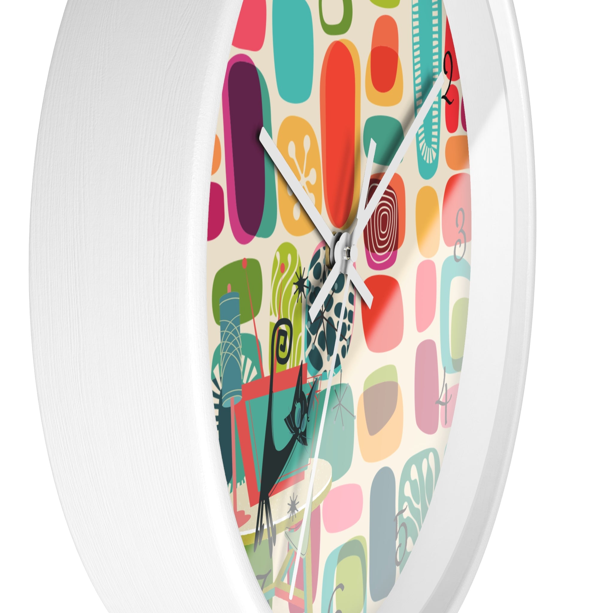 Mid Mod Amoeba Design With Kitschy Atomic Cat, Quirky Fun Retro Wall Clock - Mid Century Modern Gal