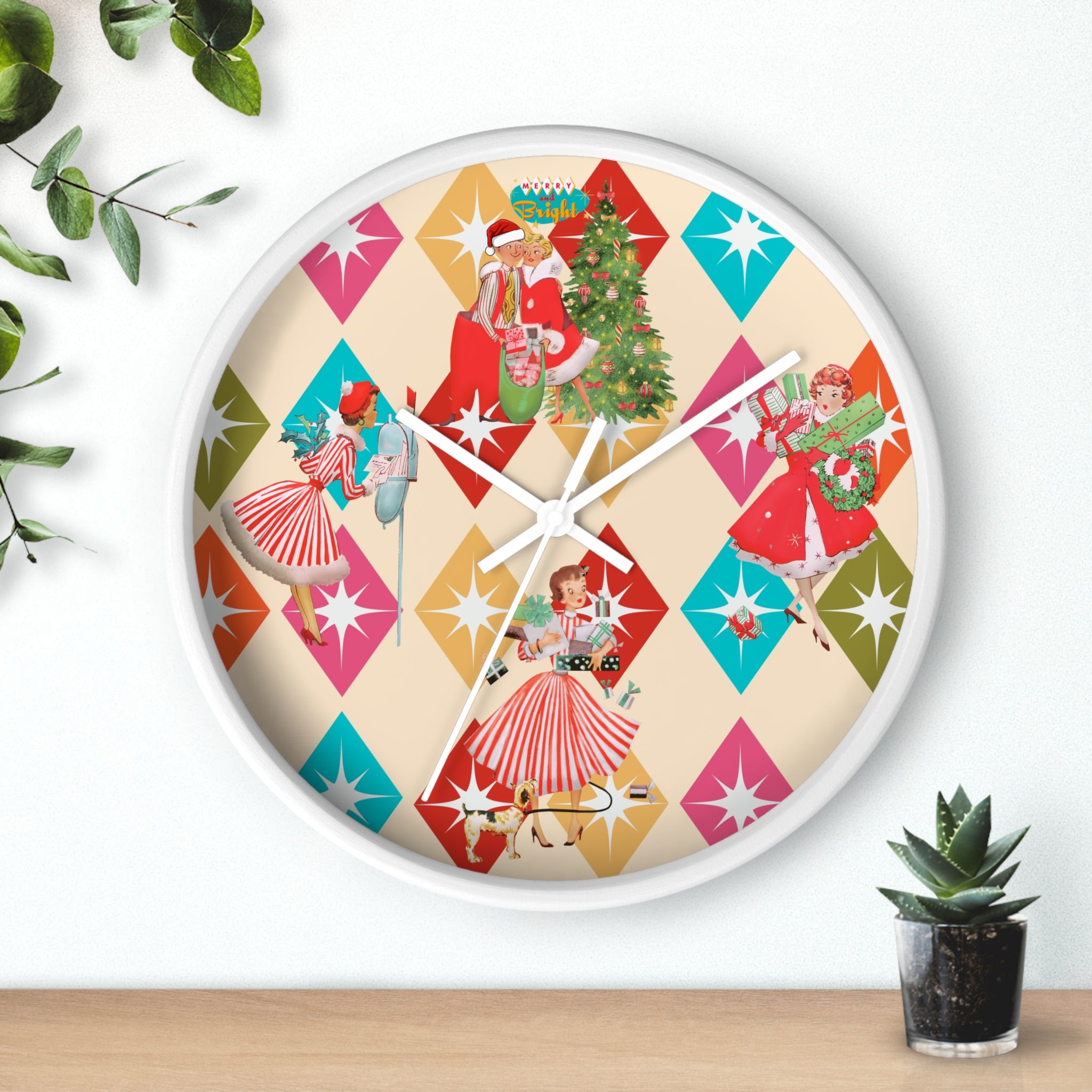 Holiday Retro Vintage Christmas Kitsch, Mid Century Modern Christmas Card Fun Kitschy 50s X-mas Wall Clock - Mid Century Modern Gal