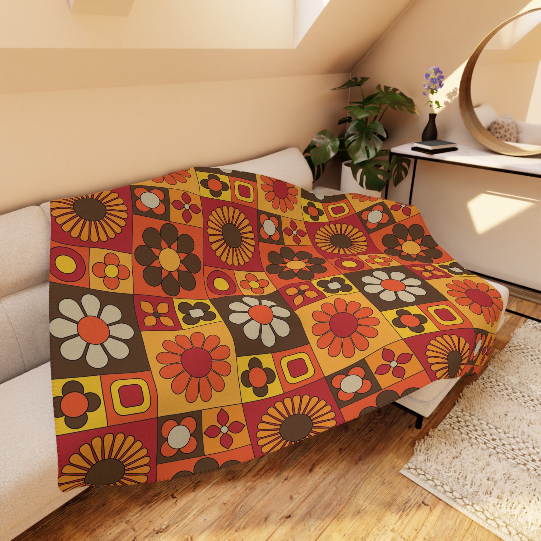 Retro Floral Boho Vibes, Orange, Yellow Brown Groovy Mod Tan Sherpa Blanket - Cozy Throw for Home Decor & Gifting - Mid Century Modern Gal