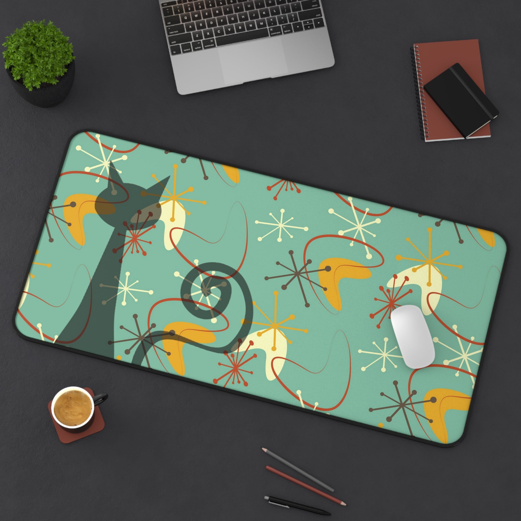 Atomic Cat Boomerang Retro Mid Century Modern Green, Brown, Yellow, Beige MCM Home Decor Desk Mat - Mid Century Modern Gal