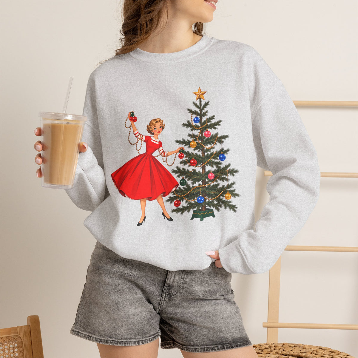 Mid Century Modern Gal Decorating Christmas Tree Unisex Heavy Blend™ Crewneck Sweatshirt - Mid Century Modern Gal