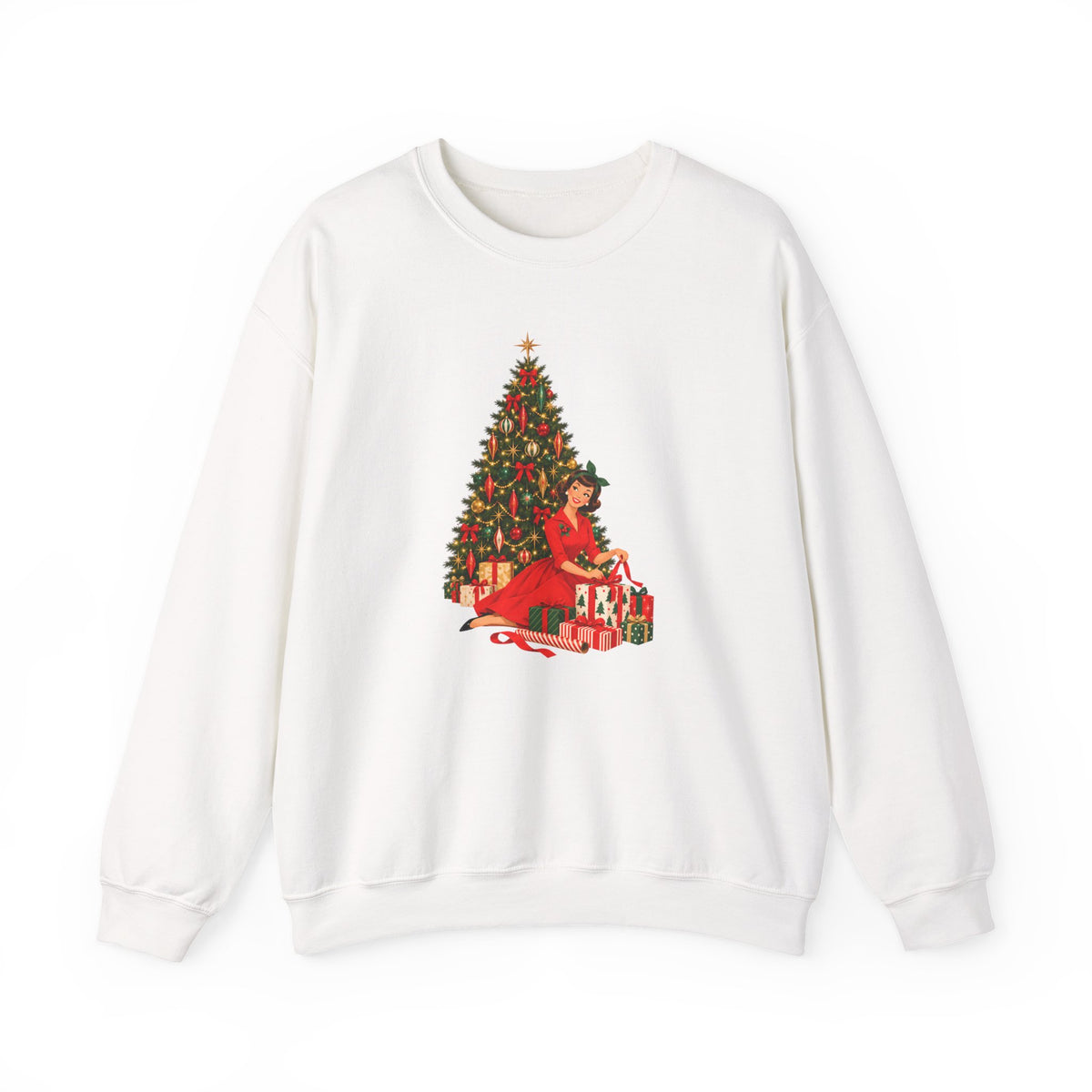 Mid Century Modern Christmas Glamour Gal Wrapping Presents by Tree Unisex Heavy Blend™ Crewneck Sweatshirt - Mid Century Modern Gal