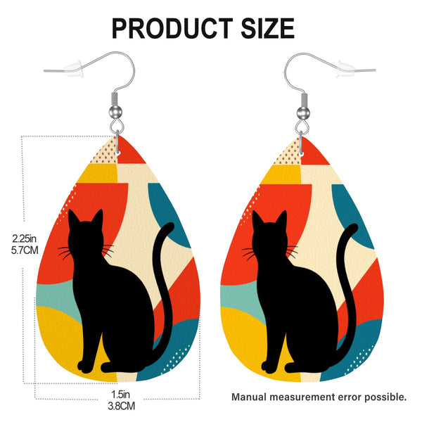 Pop Art Black Atomic Cats, Red Blue Yellow, Vegan Leather Teardrop Earrings