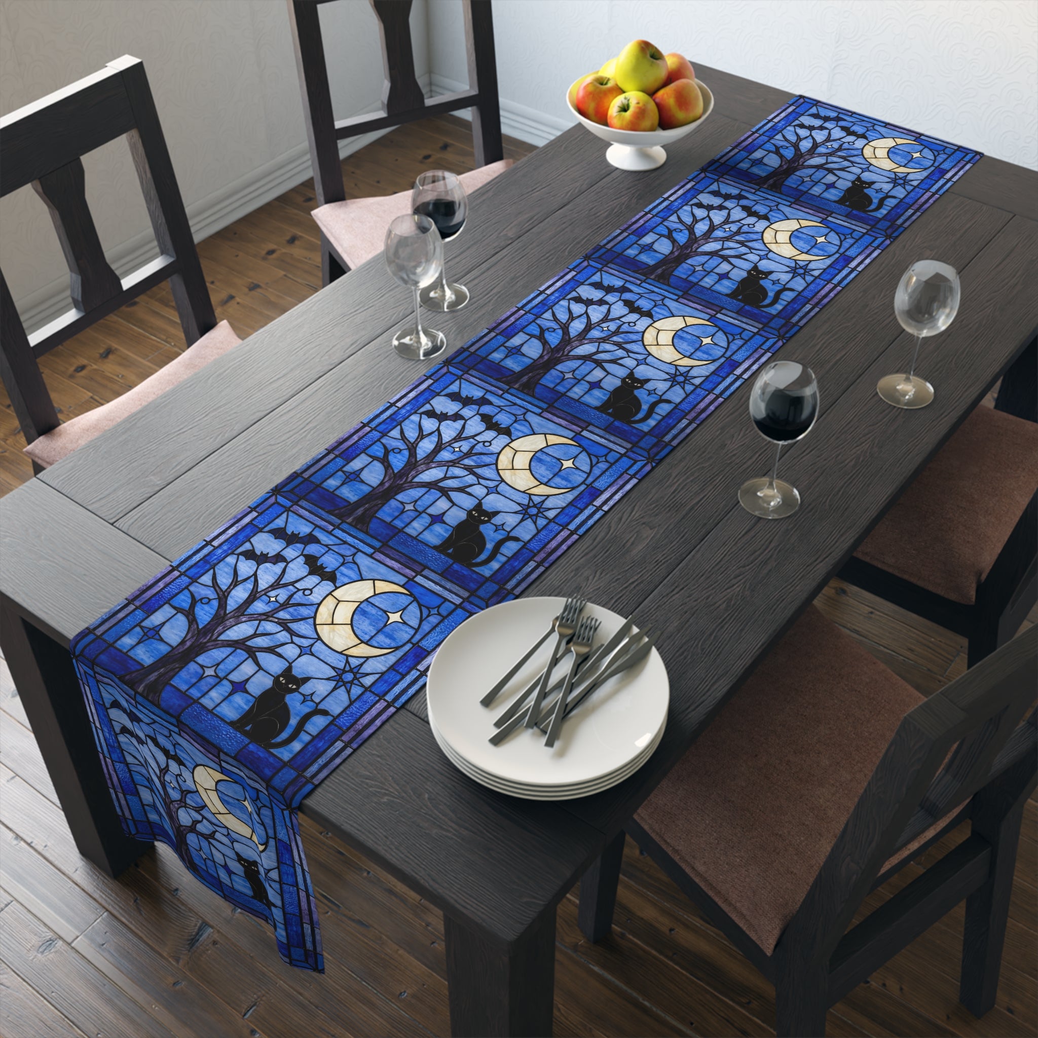 Halloween Stained Glass Style Night Sky Black Cat Table Runner
