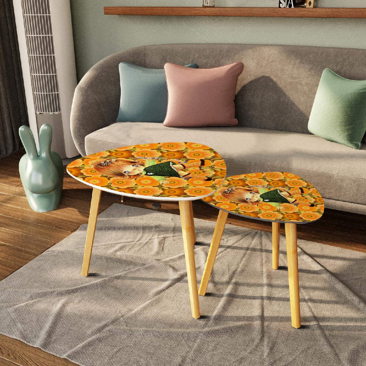 Retro 70s Vintage Big Eyed Girl, Marigolds Flower Power Nesting Tables - Mid Century Modern Gal