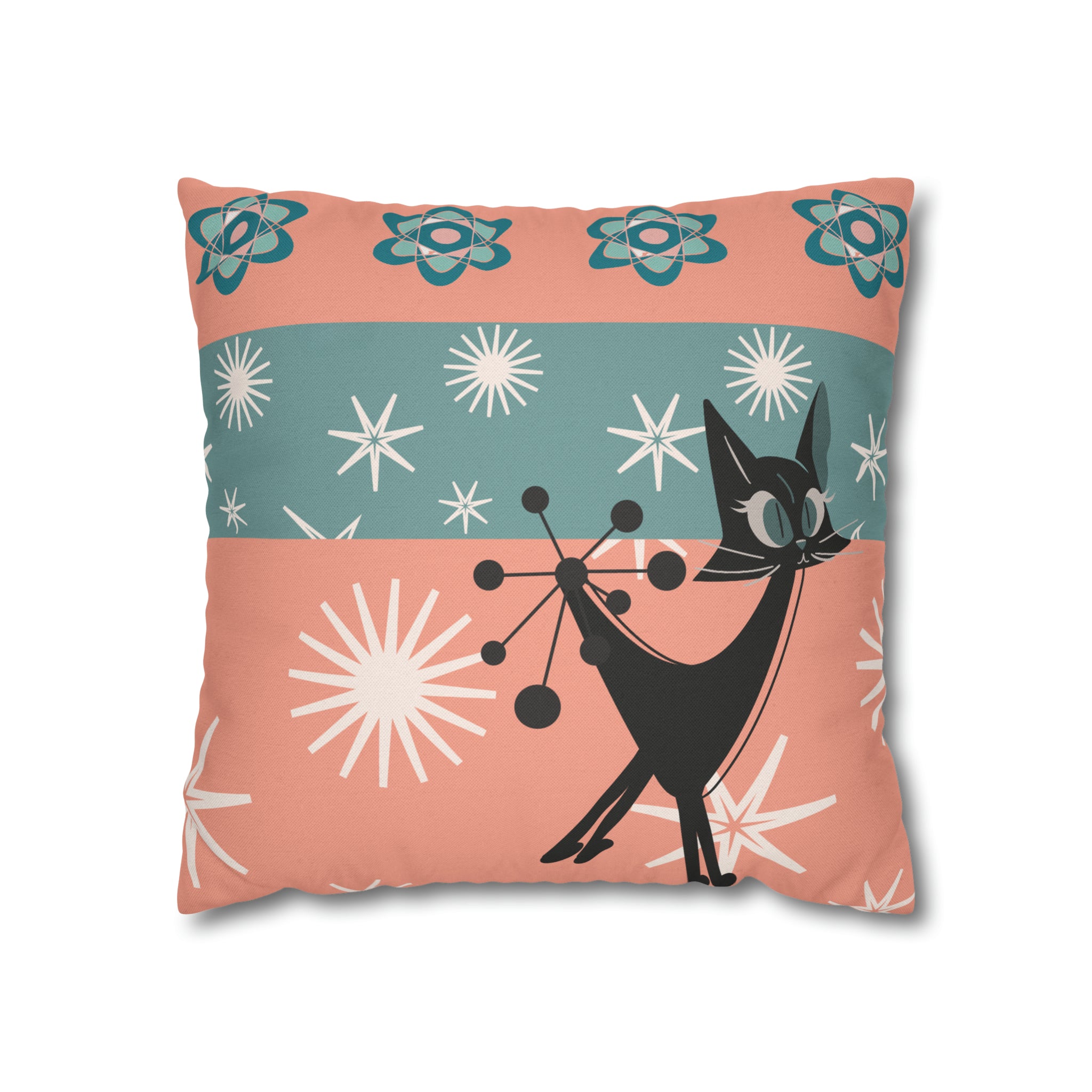 Atomic Kitschy Kittie, Black Cat Lover, Mid Century Modern Boomerang, Retro Coral, Teal, Starburst, 50s Pillow Case Cover - Mid Century Modern Gal