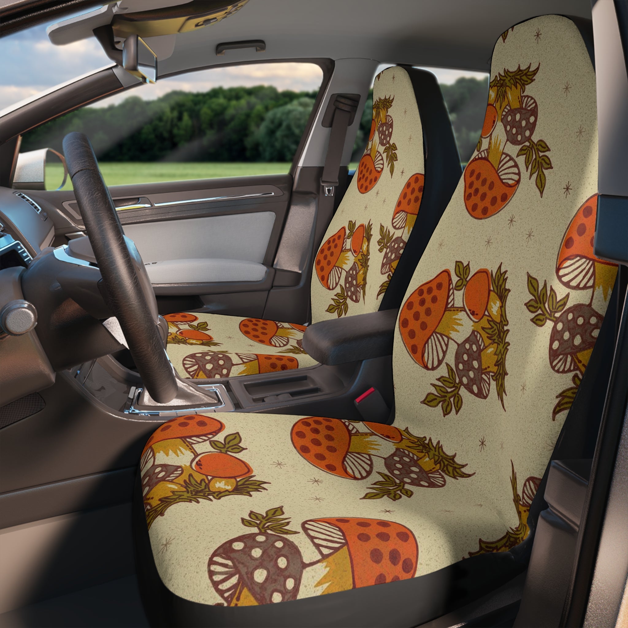 60s 70s Merry Mushroom Retro Car Seat Covers, Orange Brown Groovy Hippie, Hipster Car Accessories - Mid Century Modern Gal