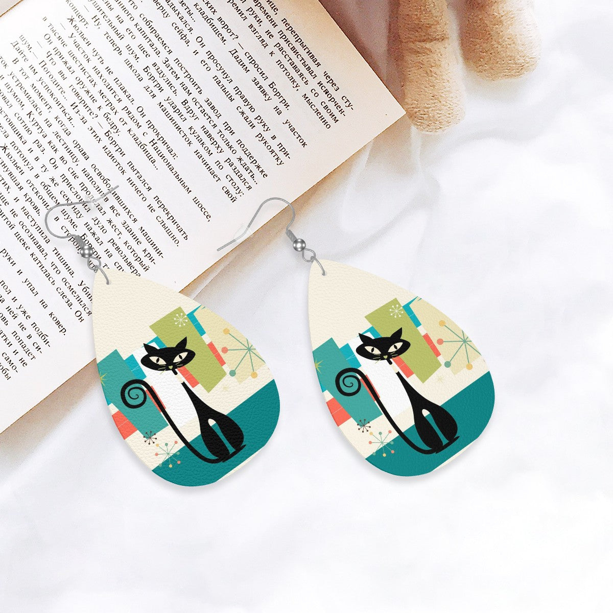 Mid Mod Atomic Kittie Vegan Leather Teardrop Earrings - Mid Century Modern Gal