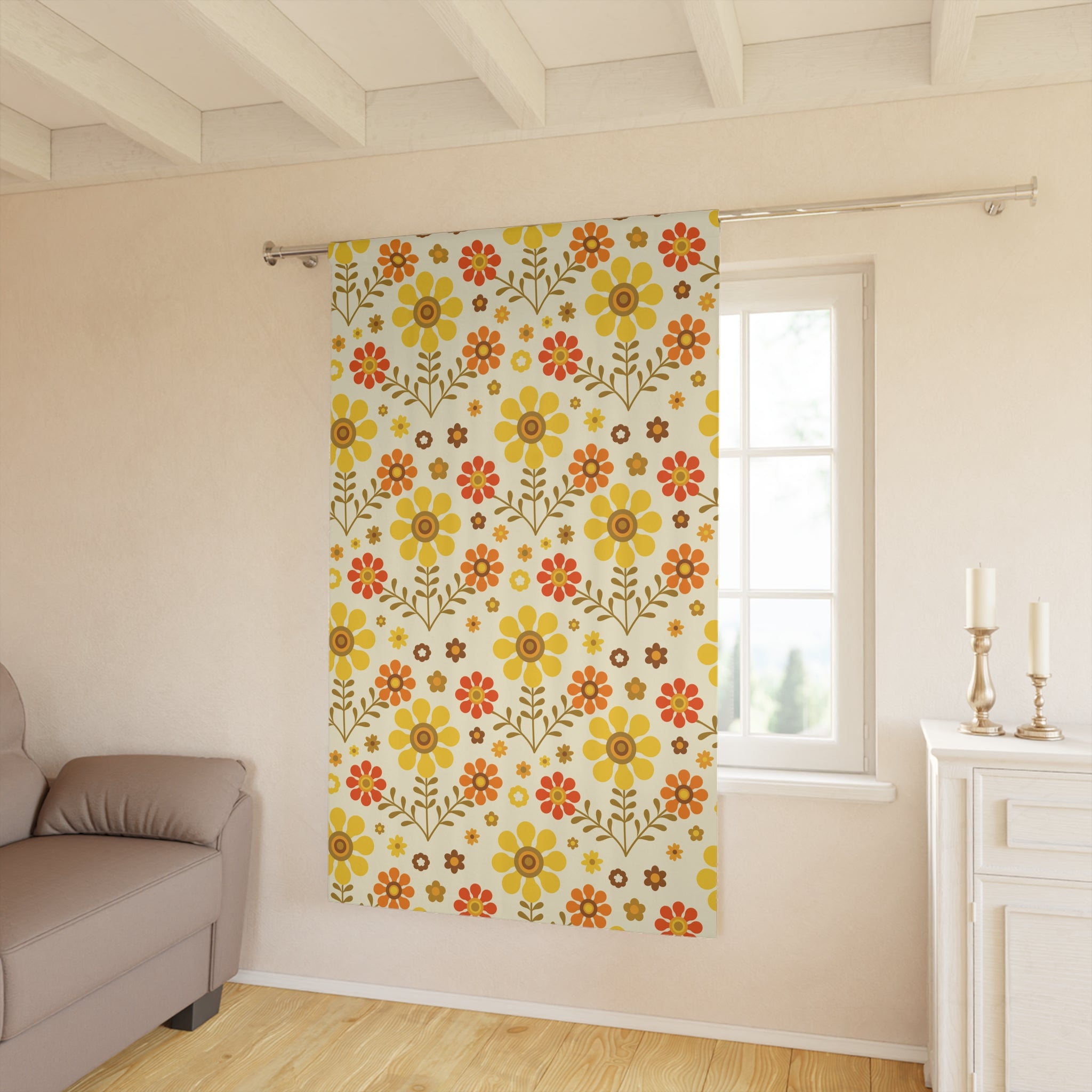 Flower Power Golden Yellow, Orange Mod Daisy 70s Retro Window Curtains (1 Piece) - Mid Century Modern Gal