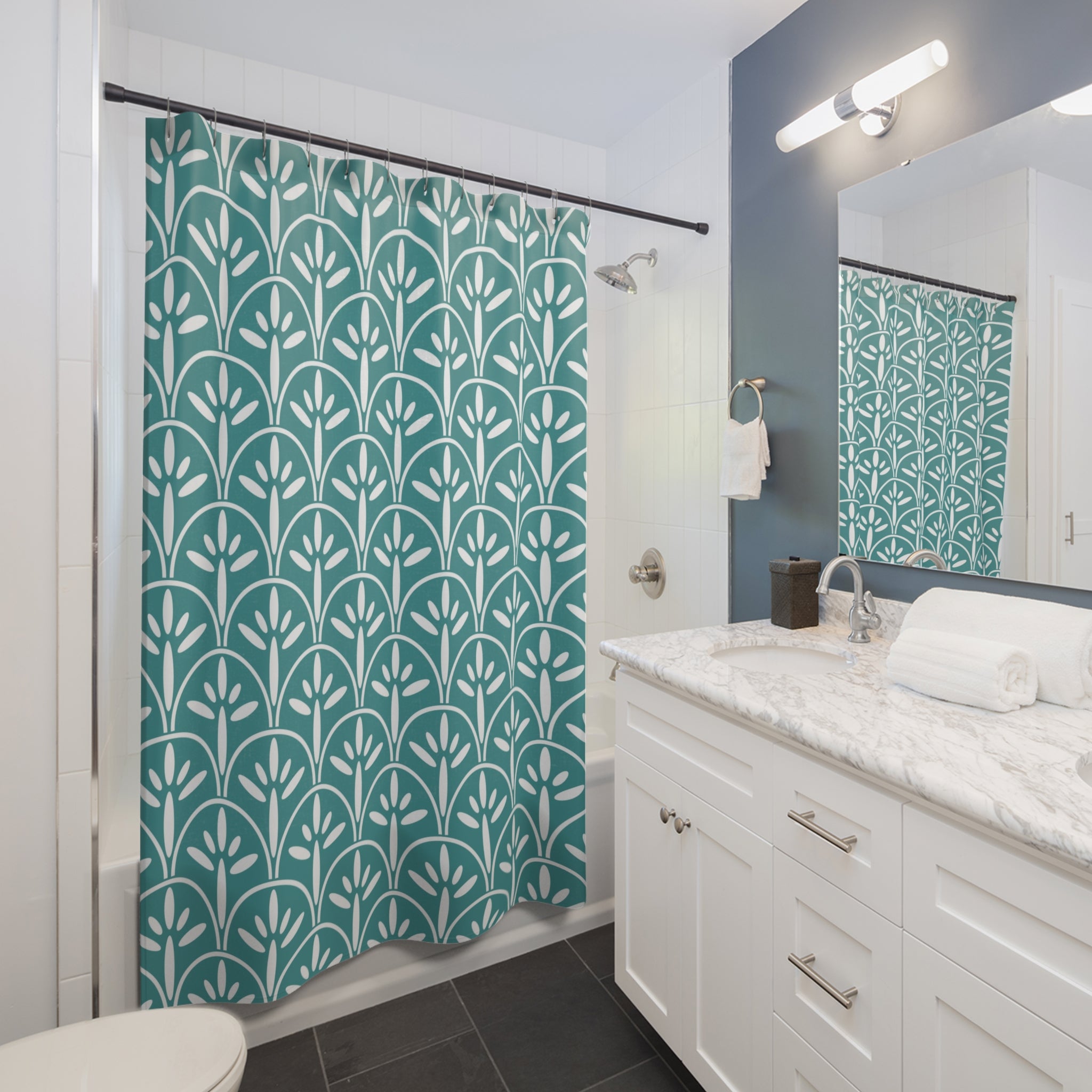 Art Deco Blue Elegant Botanical Shower Curtain – Stylish Home Decor for Relaxing Bathrooms - Mid Century Modern Gal
