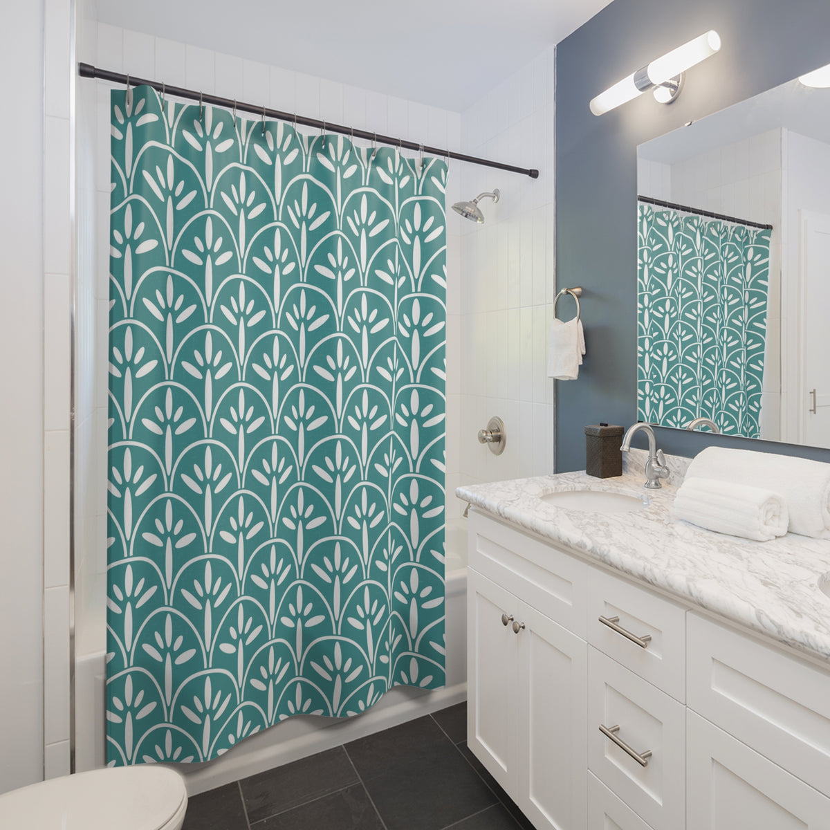 Art Deco Blue Elegant Botanical Shower Curtain – Stylish Home Decor for Relaxing Bathrooms - Mid Century Modern Gal