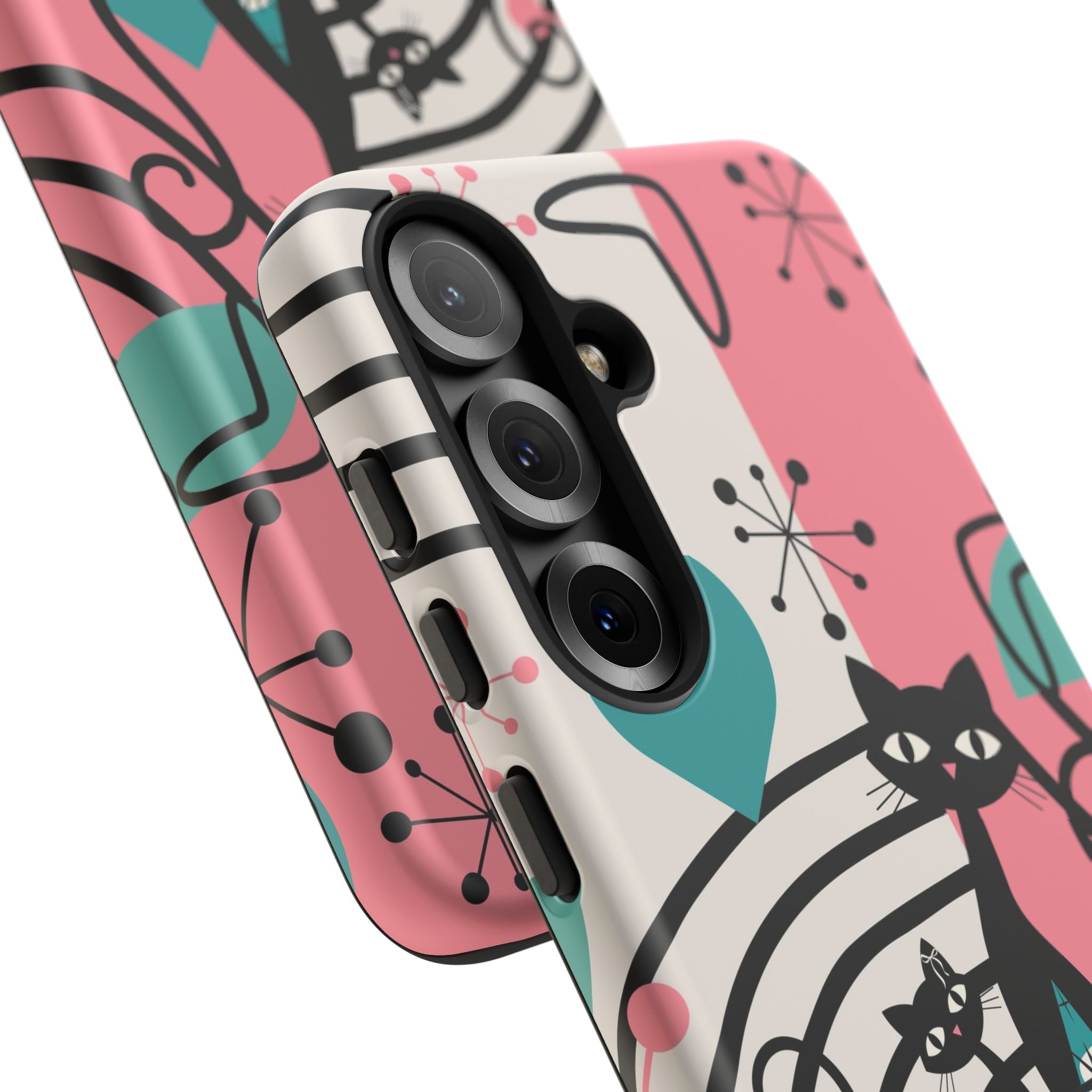 Mid Mod Atomic Cat Boomerang Starburst, Pink, Black Kitschy Stylish Cat Phone Case: Modern Design for Cat Lovers