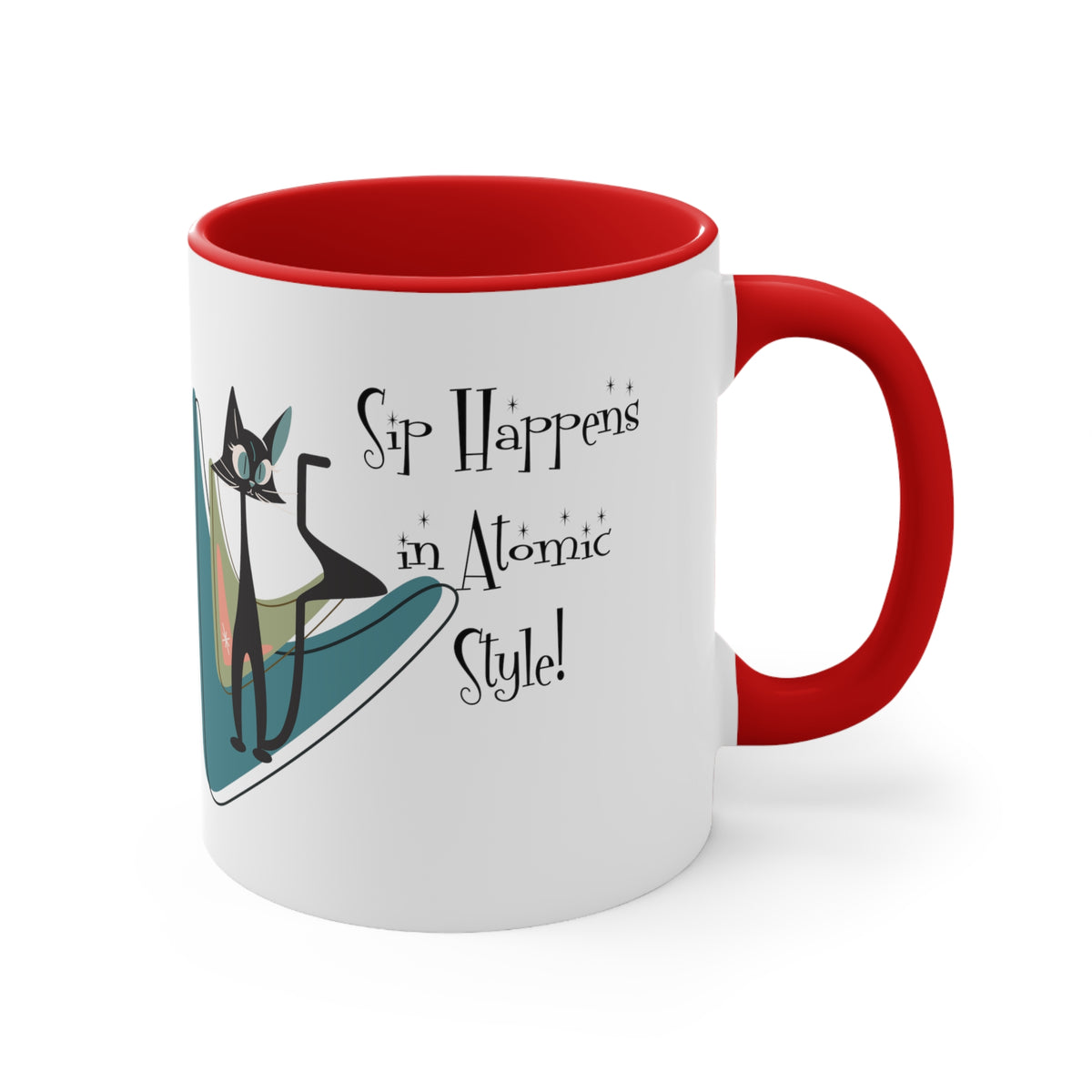 Atomic Cat, Mid Century Modern Drinkware, Coffee Mug, Sip Happens, Retro Boomerang, Kitschy Funny Coffee Lover Gifts - Mid Century Modern Gal