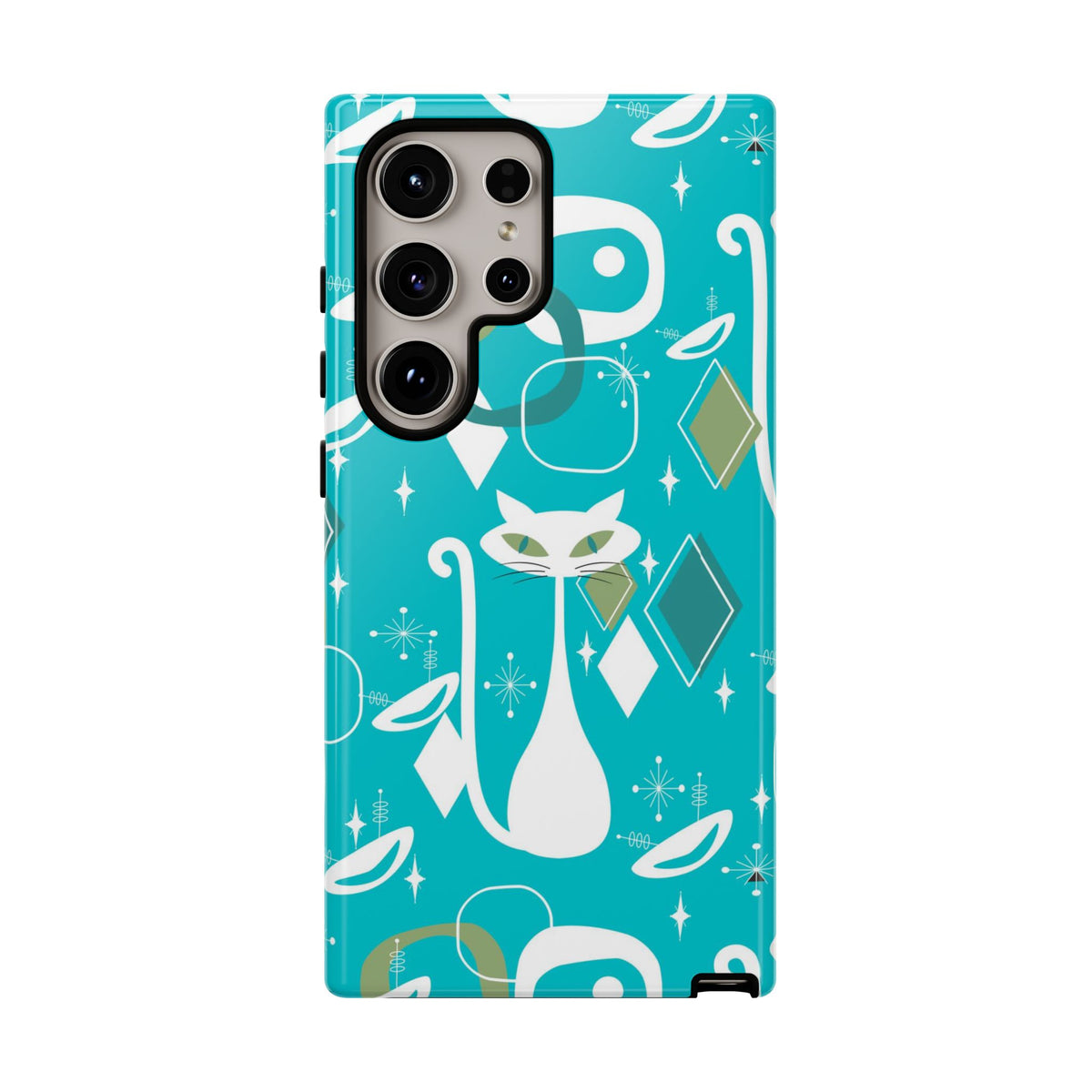 Atomic Cat Space Designs, Mid Century Modern, Aqua, White Kitschy Cat Tough Phone Case