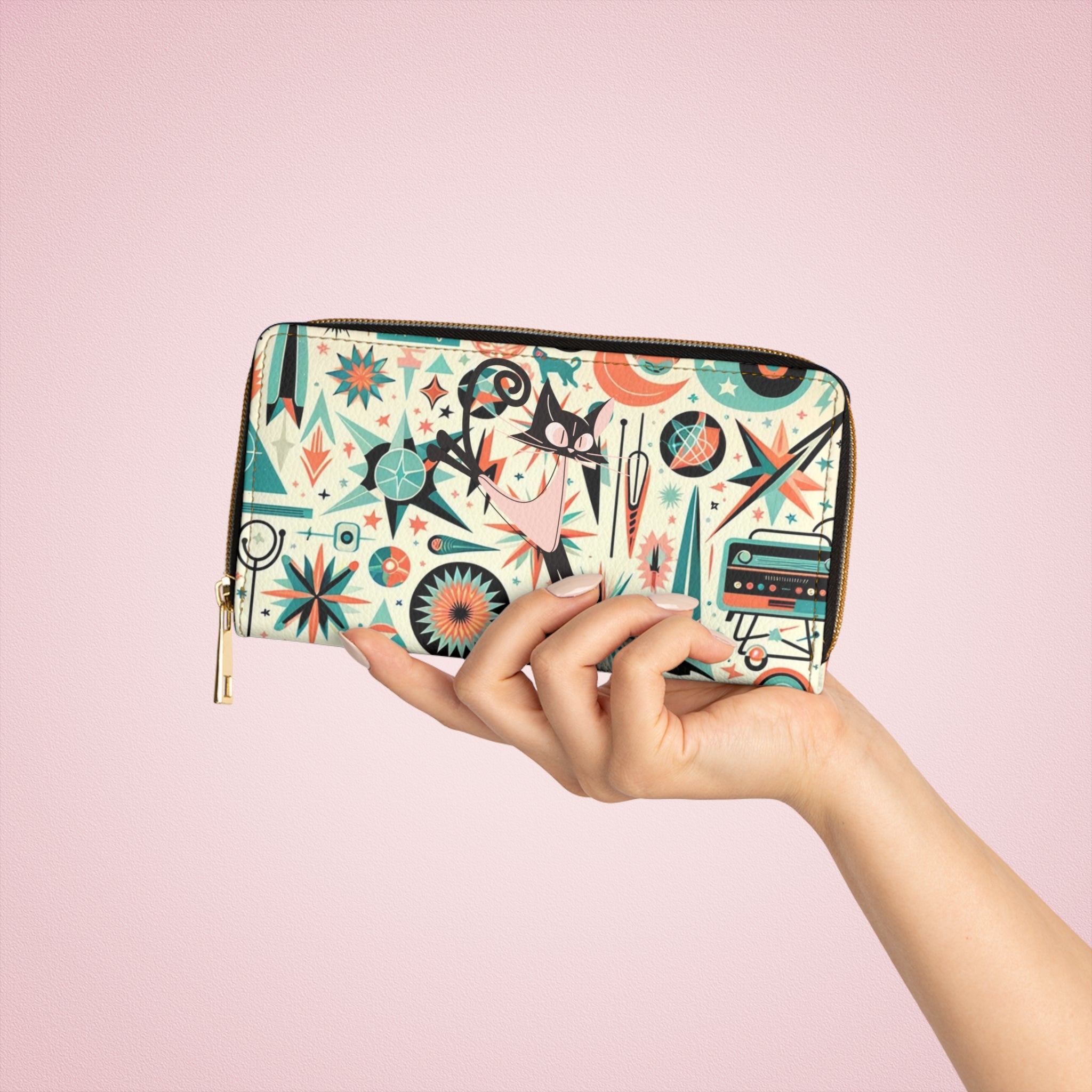 Atomic Cat Space Cat Mid Century Mod Atomic 50s Style Zipper Wallet - Mid Century Modern Gal