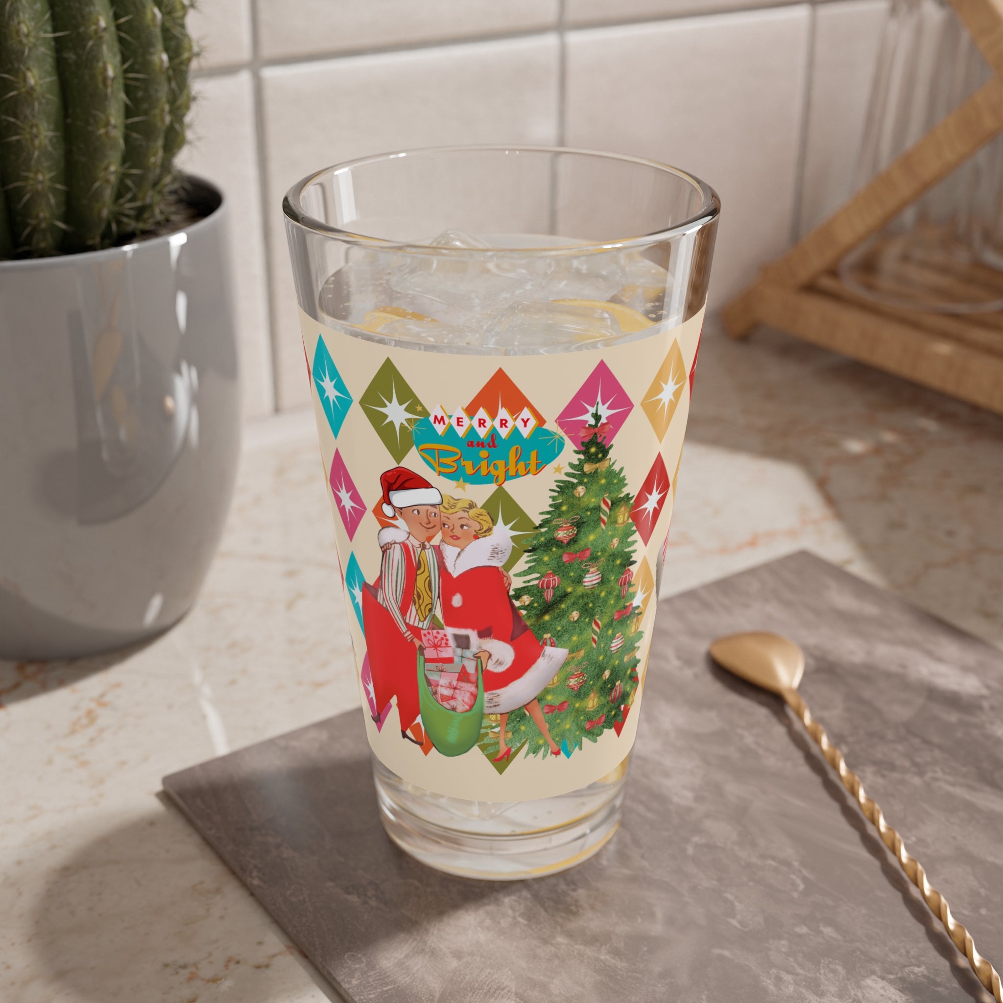 Christmas Mid Century Modern Glass, Holiday Kitsch Drinkware, 50s Atomic Diamond Festive Kitchen Decor, Gift Idea for Holiday Parties - Mid Century Modern Gal