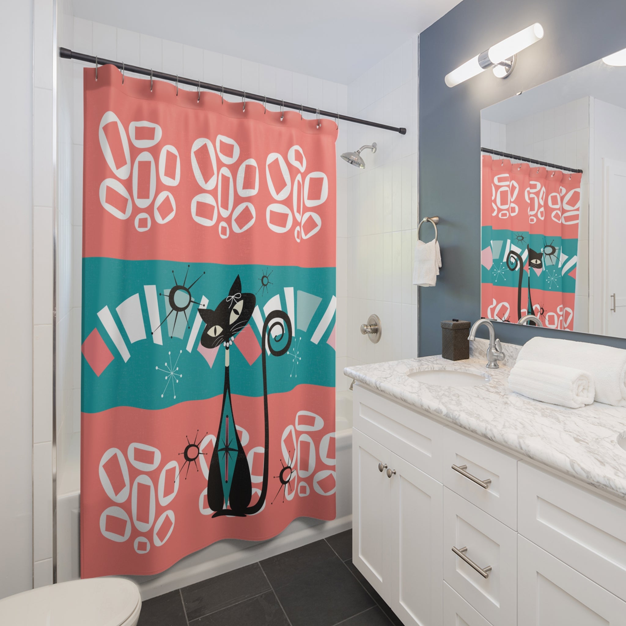 Atomic Cat Mid Century Modern Coral, Teal Kitschy Cute Shower Curtain - Mid Century Modern Gal