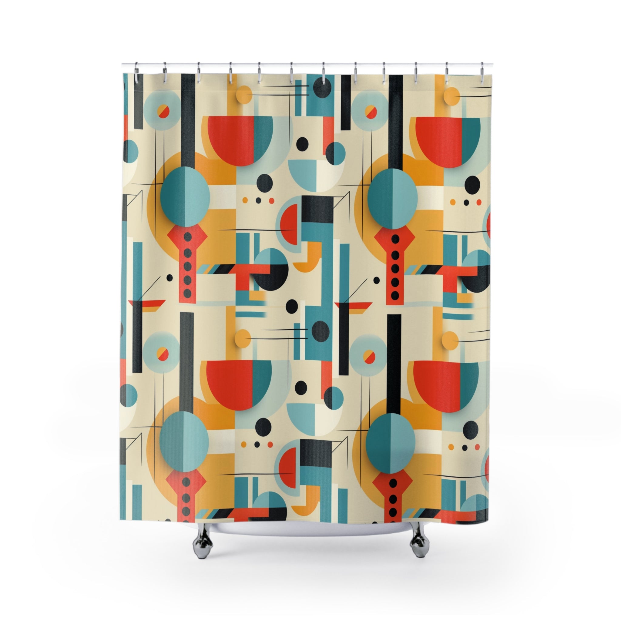 Mid Century Modern Bauhaus Style, Orange, Teal, Aqua Geometric Designed Shower Curtain - Mid Century Modern Gal