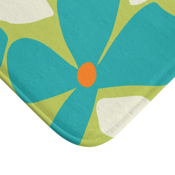 Retro Mod Flower Power Green Teal Happy Floral Bath Mat