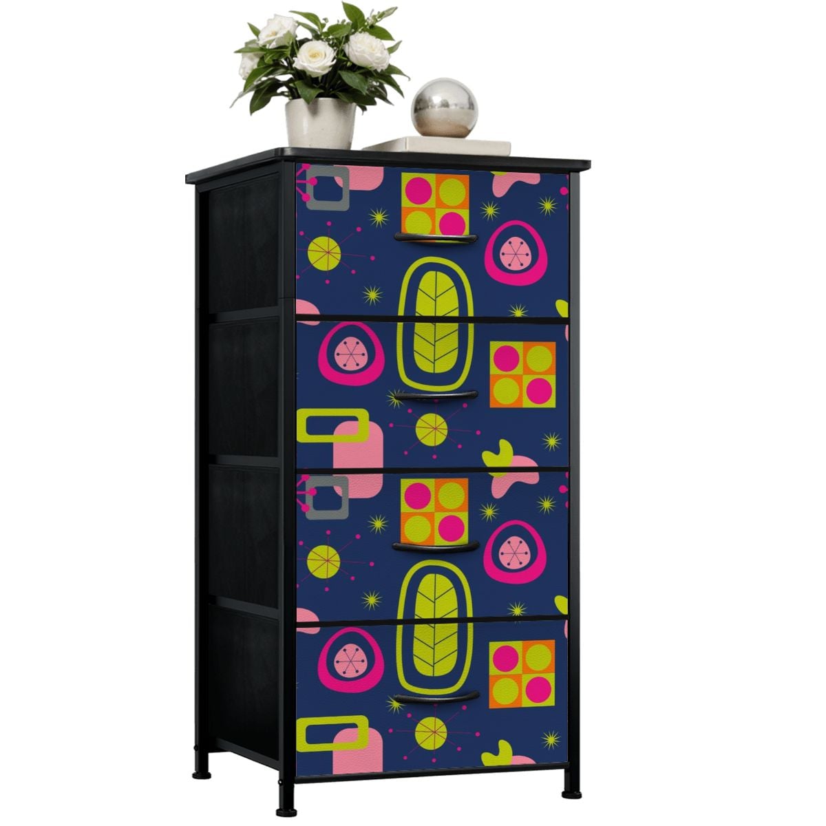 Mid Century Modern Atomic Navy Blue Bright Pink Green 4-Drawer Dresser - Mid Century Modern Gal