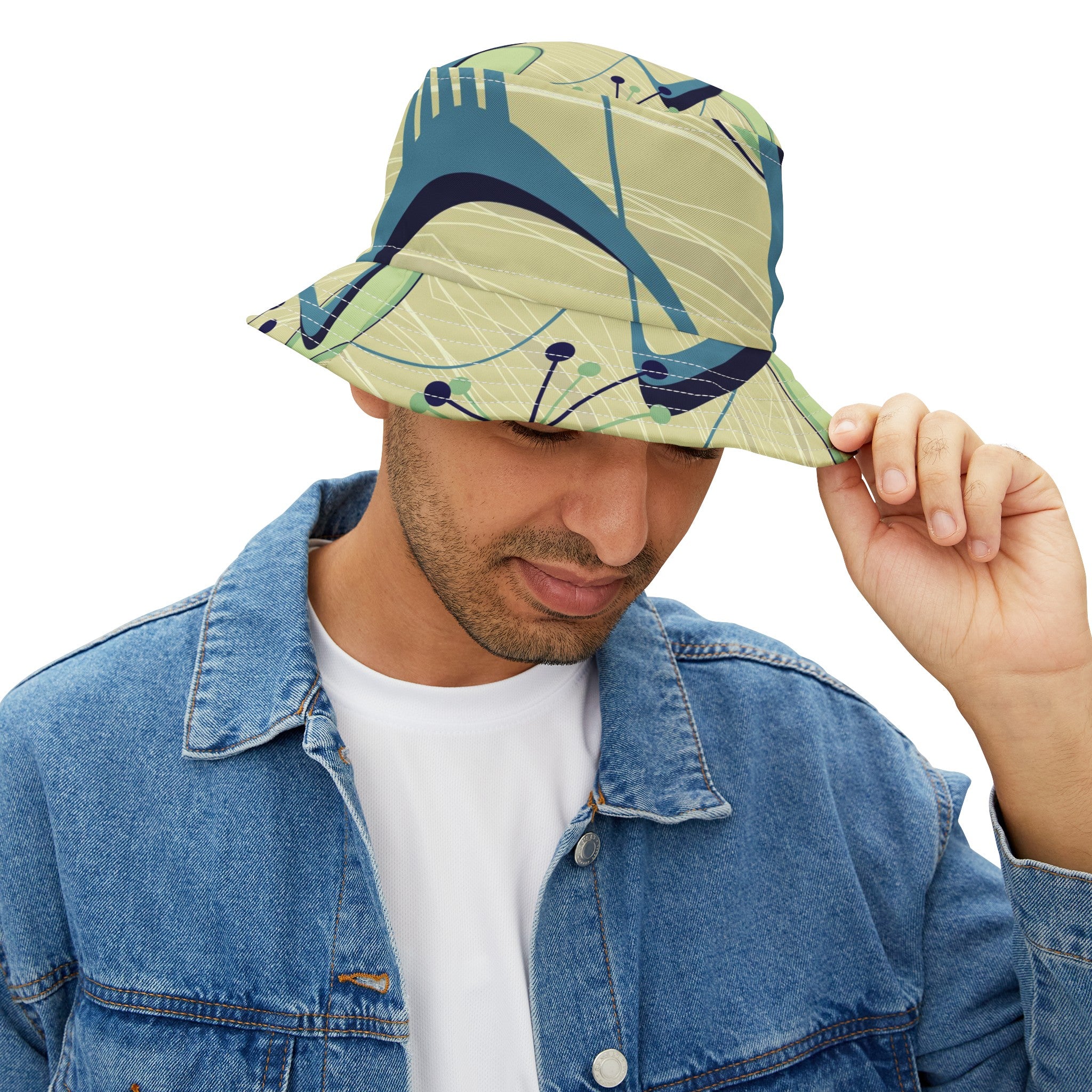 Atomic Space Retro Unisex Bucket Hat, Green, Blue Boomerang Starbursts Mod Hat - Mid Century Modern Gal