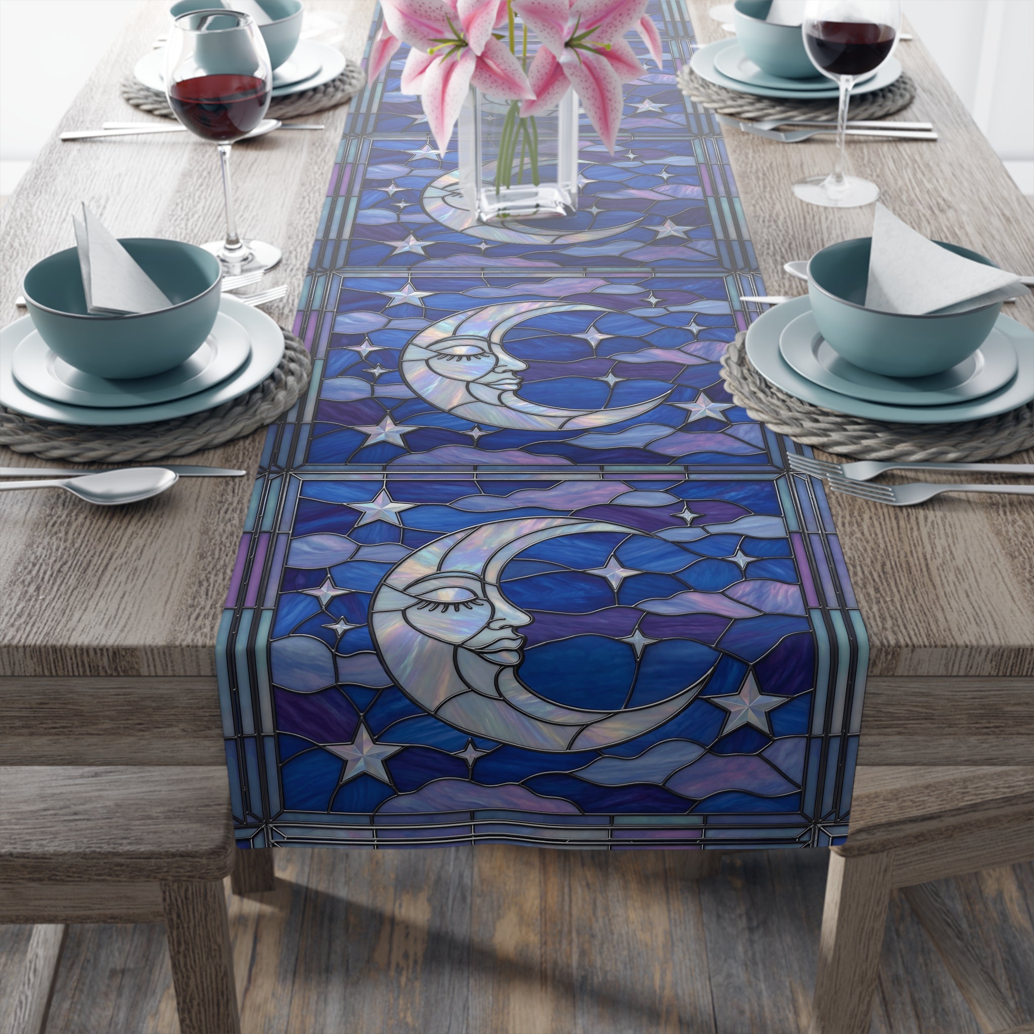 Halloween Stained Glass Style Night Sky Moon Stars Clouds Table Runner - Mid Century Modern Gal