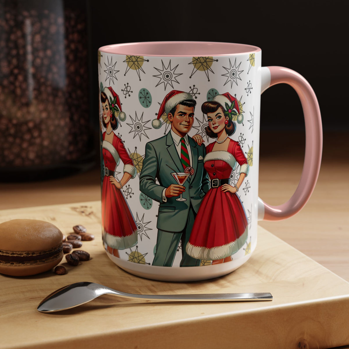Mid Century Modern Atomic 50s Christmas mug featuring a retro couple in festive attire against a starburst pattern.