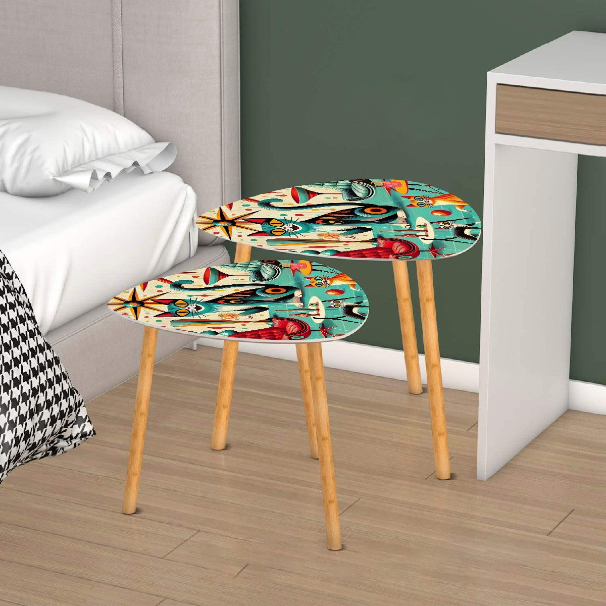 Mid Century Modern Nesting Tables, Cats And Cocktails Triangle Coffee Table Set of 2 - Mid Century Modern Gal