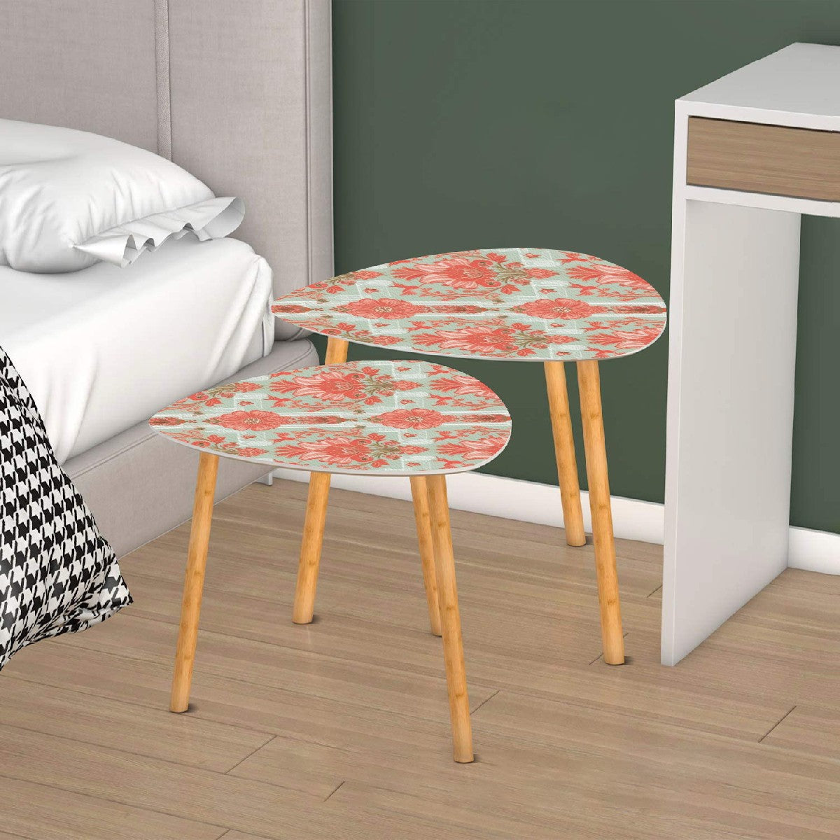 Botanical Floral Chinoiserie Coral, Mint Green Elegant Side Tables, Nesting Tables - Mid Century Modern Gal