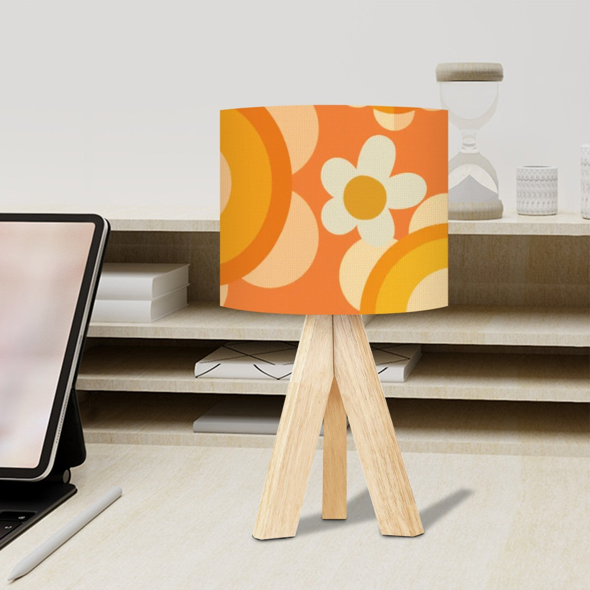 Flower Power Retro Groovy Orange, Yellow, Cream Table Tripod Lamp - Mid Century Modern Gal