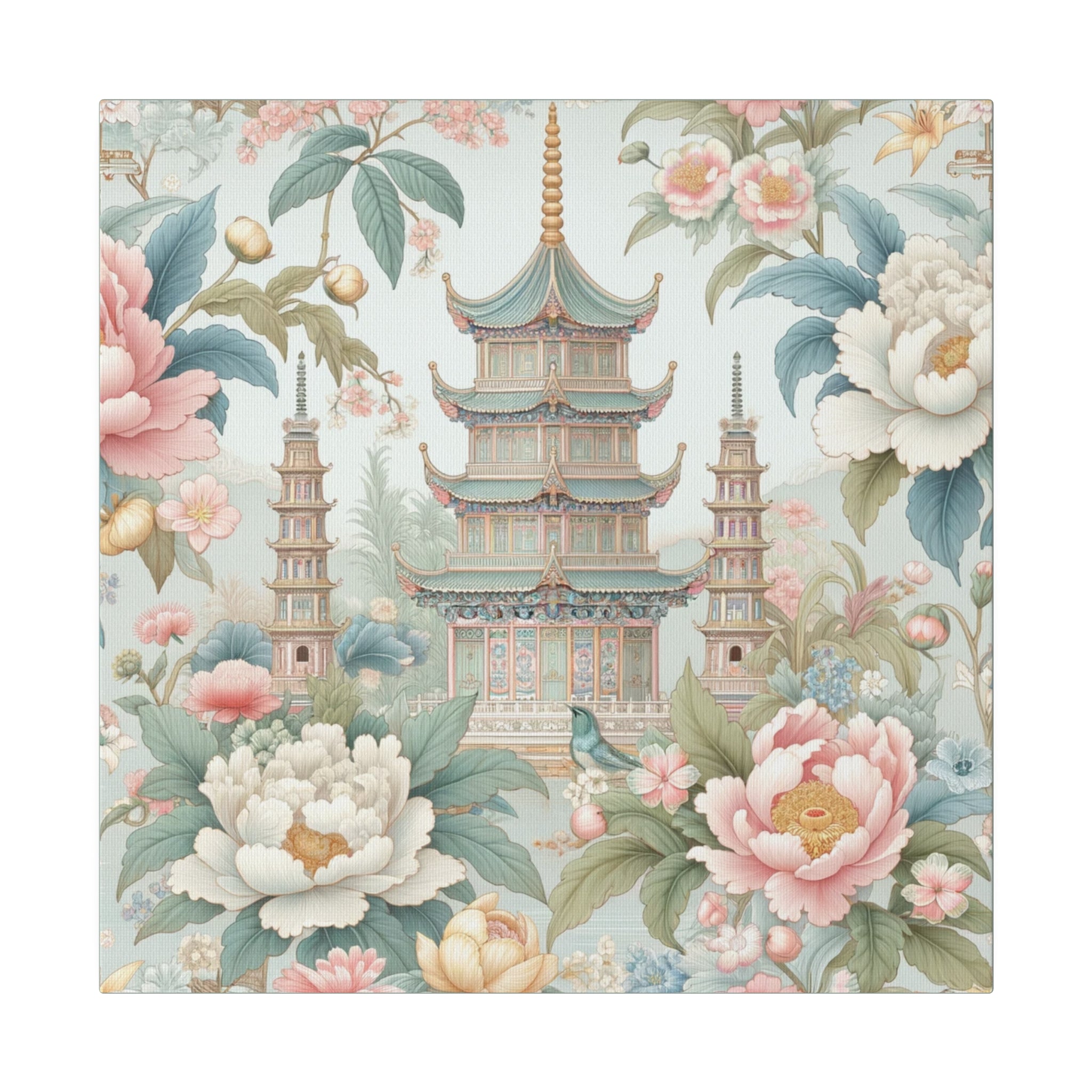 Chinoisere Wall Art, Beautiful Exotic Pagoda, Pastels, Florals, Roses, Blue Birds, Southern Home Style Wall Art - Mid Century Modern Gal