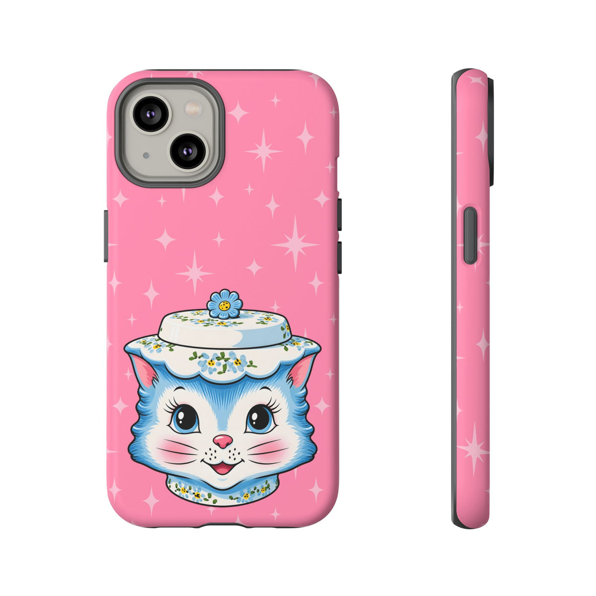 Mid Century Modern Kitschy Anthropomorphic Blue Cat with Floral Hat Tough Phone Case