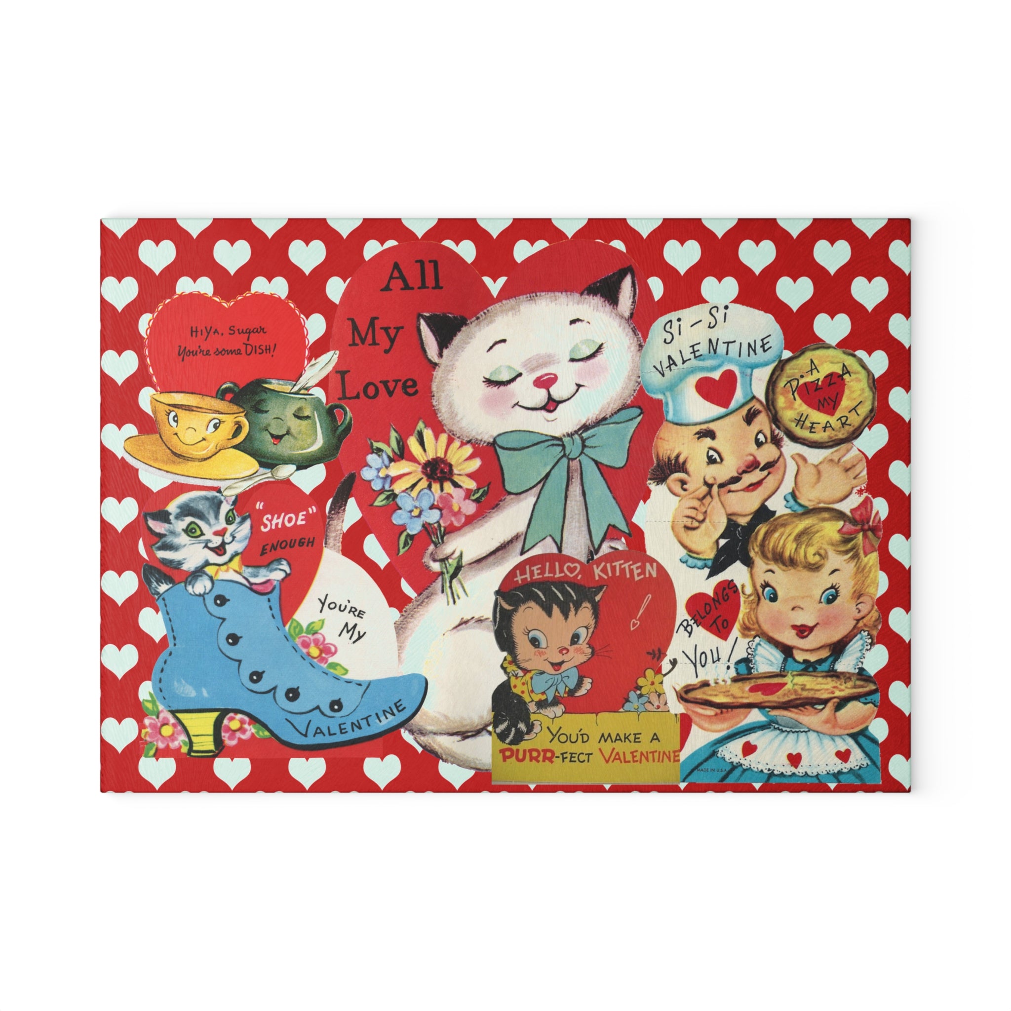 50s Vintage Valentine Cards, Kitschy Love, Red Hearts, Retro Glass Cutting Board - Mid Century Modern Gal