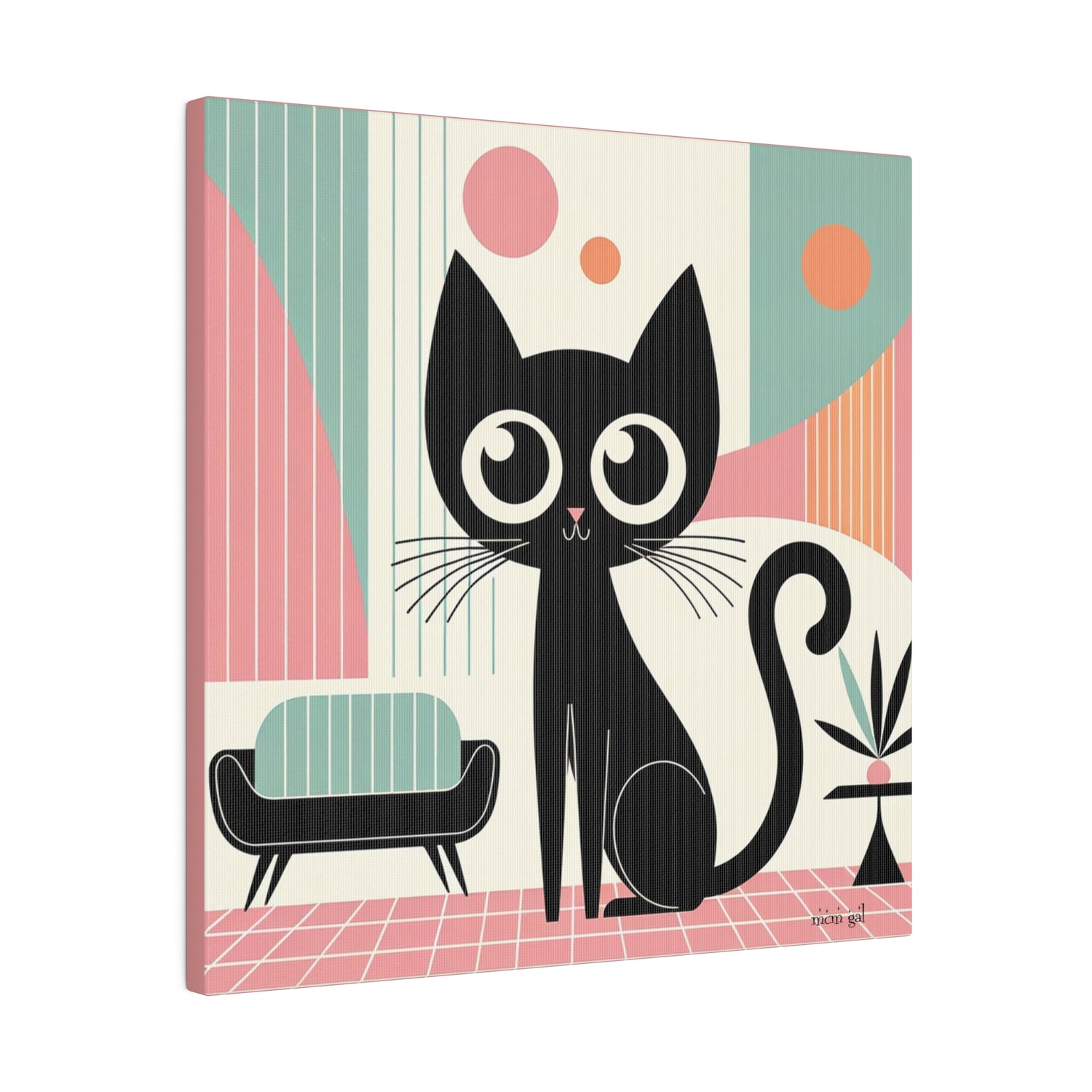 Mid Century Modern Atomic Kitty Cat, Pink, Kitschy Mod Matte Canvas - Mid Century Modern Gal