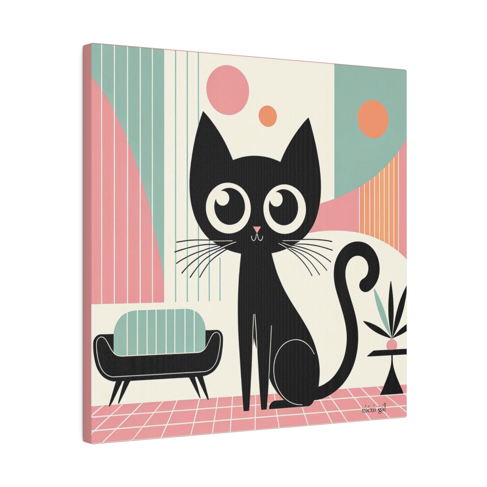Mid Century Modern Atomic Kitty Cat, Pink, Kitschy Mod Matte Canvas - Mid Century Modern Gal