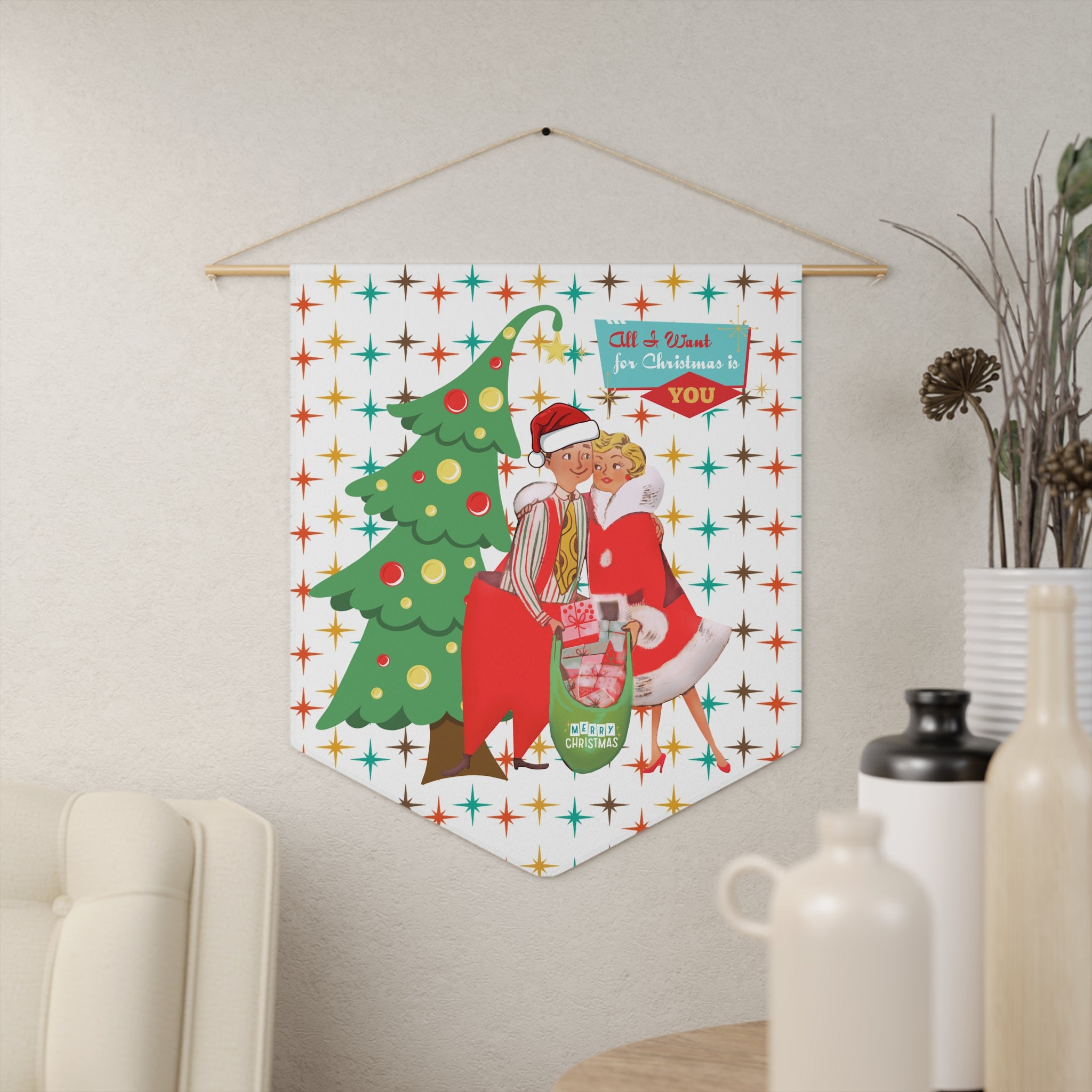 Vintage Christmas Pennant - "All I Want for Christmas is You" Wall Art Decoration - Mid Century Modern Gal