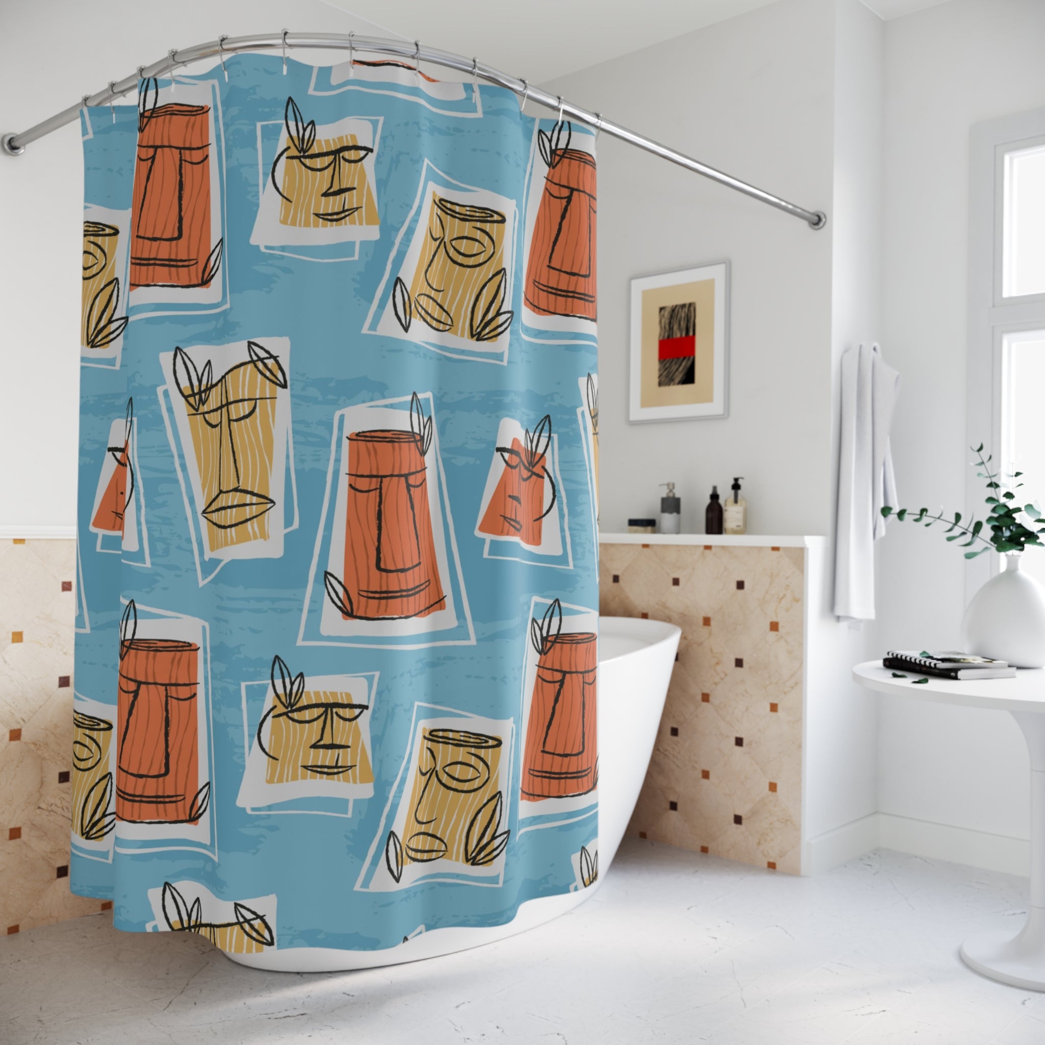 Mid Century Modern Tiki Man, Retro Blue, Yellow, Terracotta Shower Curtain - Mid Century Modern Gal