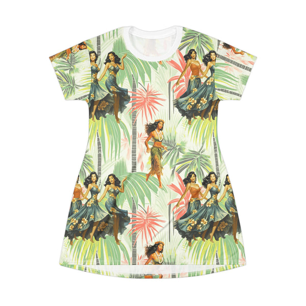 Retro Tiki Hawaiin Gal, Mid Mod T-Shirt Dress