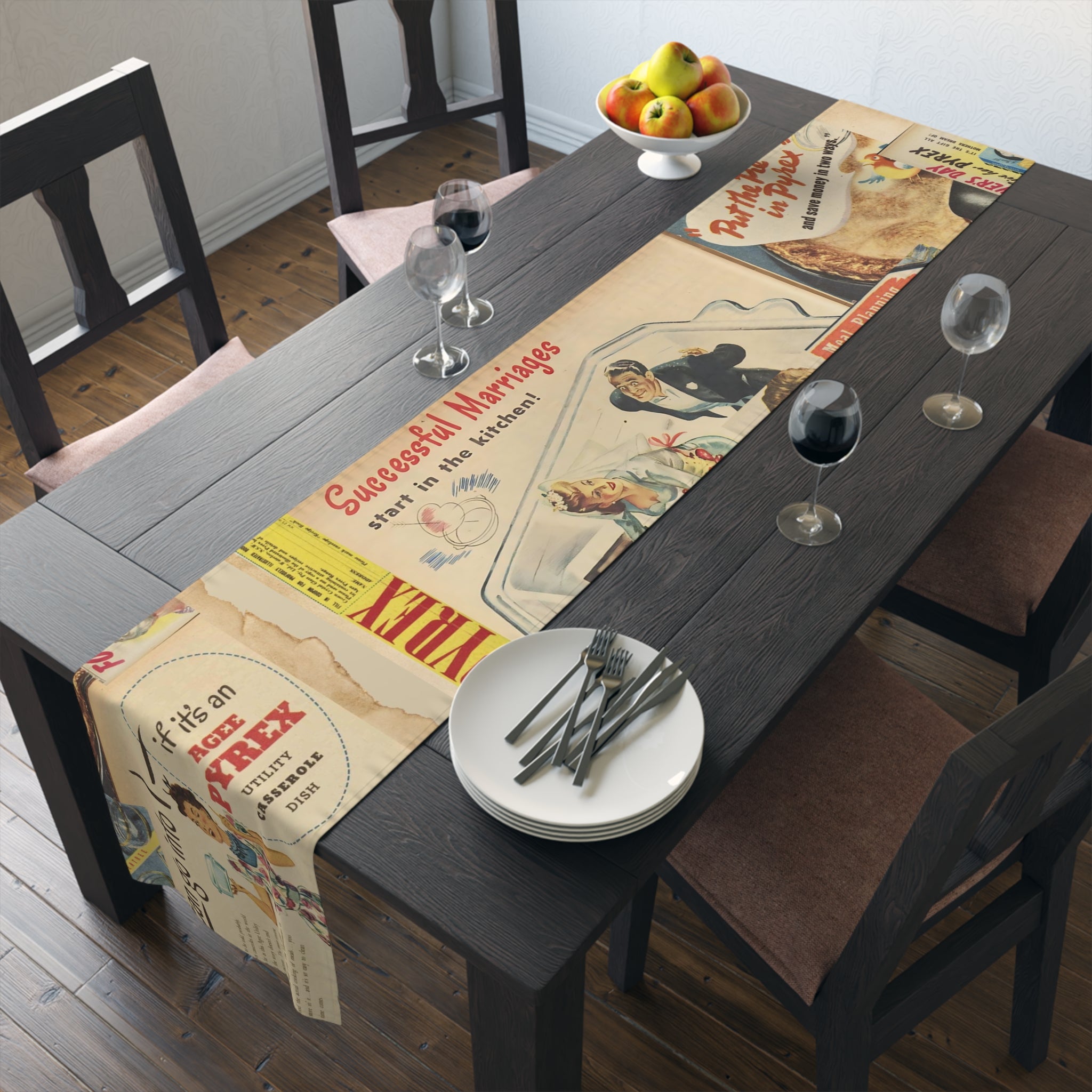 Vintage Pyrex Kitchen Ads, Mod Kitschy 50s Table Runner - Mid Century Modern Gal