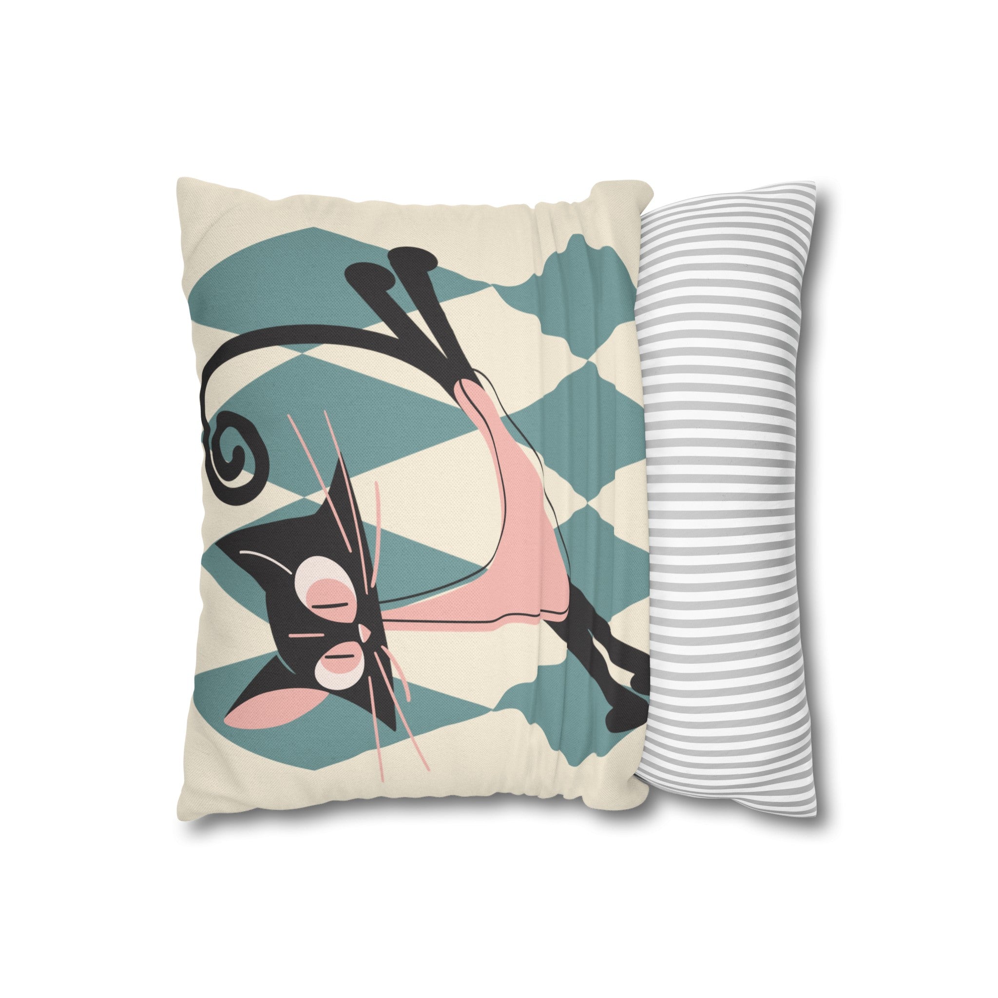 Atomic Kittie, Boomerang Mid Mod Atomic Cat, Harlequin Diamond Kitschy Pillow Cover - Mid Century Modern Gal