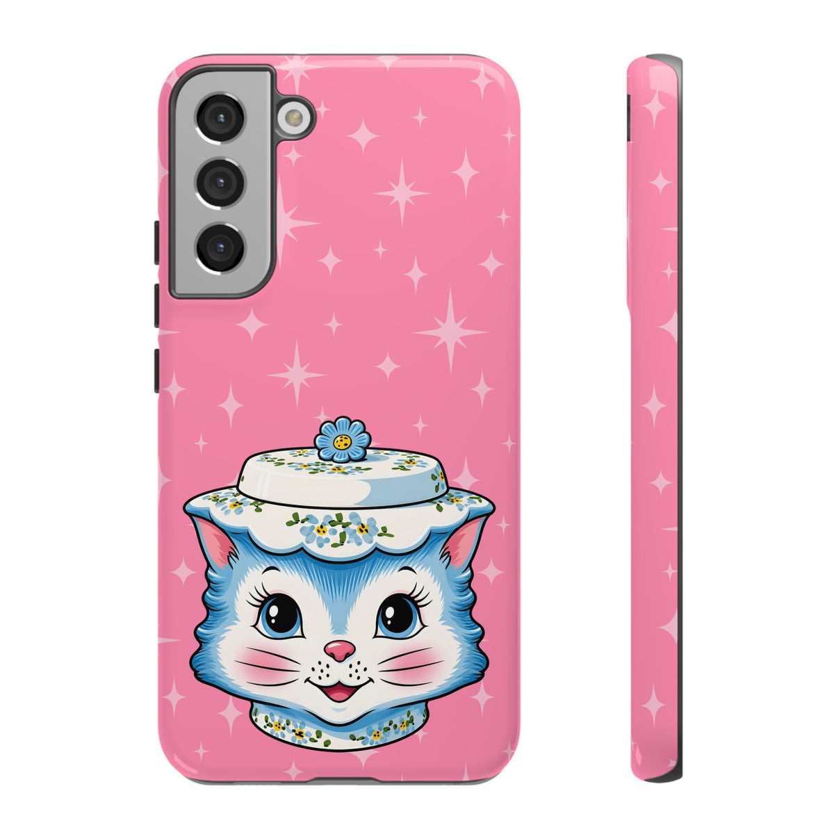Mid Century Modern Kitschy Anthropomorphic Blue Cat with Floral Hat Tough Phone Case