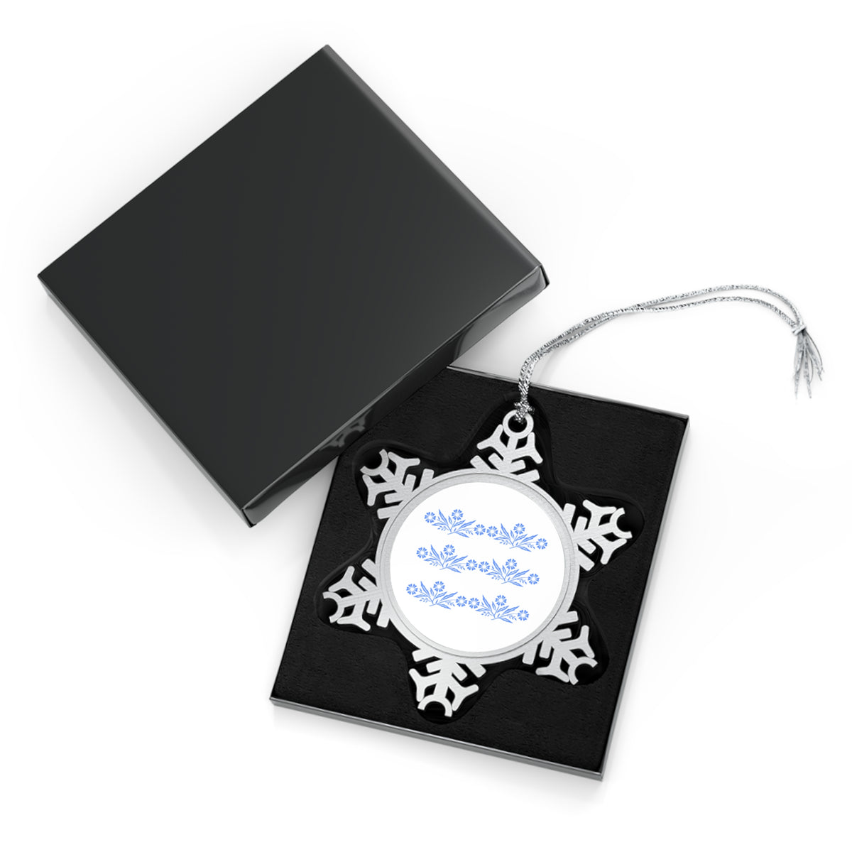 Blue Cornflower, Corningware Kitschy Christmas Pewter Snowflake Ornament - Mid Century Modern Gal