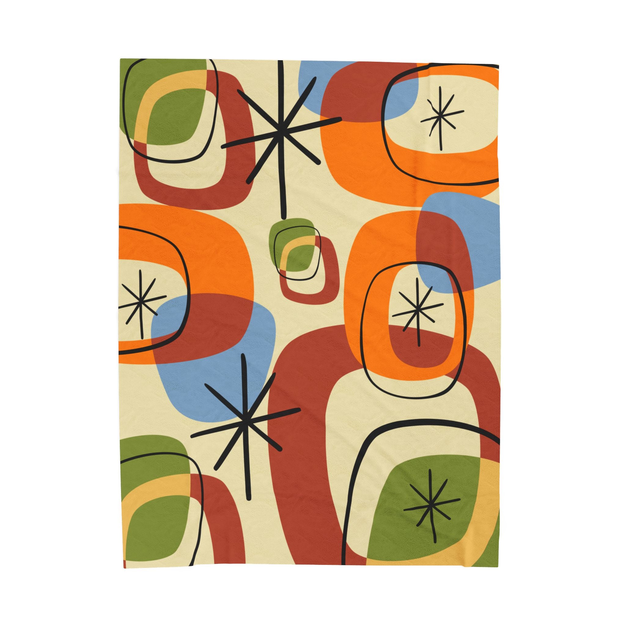 Retro Geo Pattern THIN Cozy, Warm Mid Century Modern Groovy Green, Orange, Blue, Black, Light Beige Background Velveteen Plush Blanket - Mid Century Modern Gal