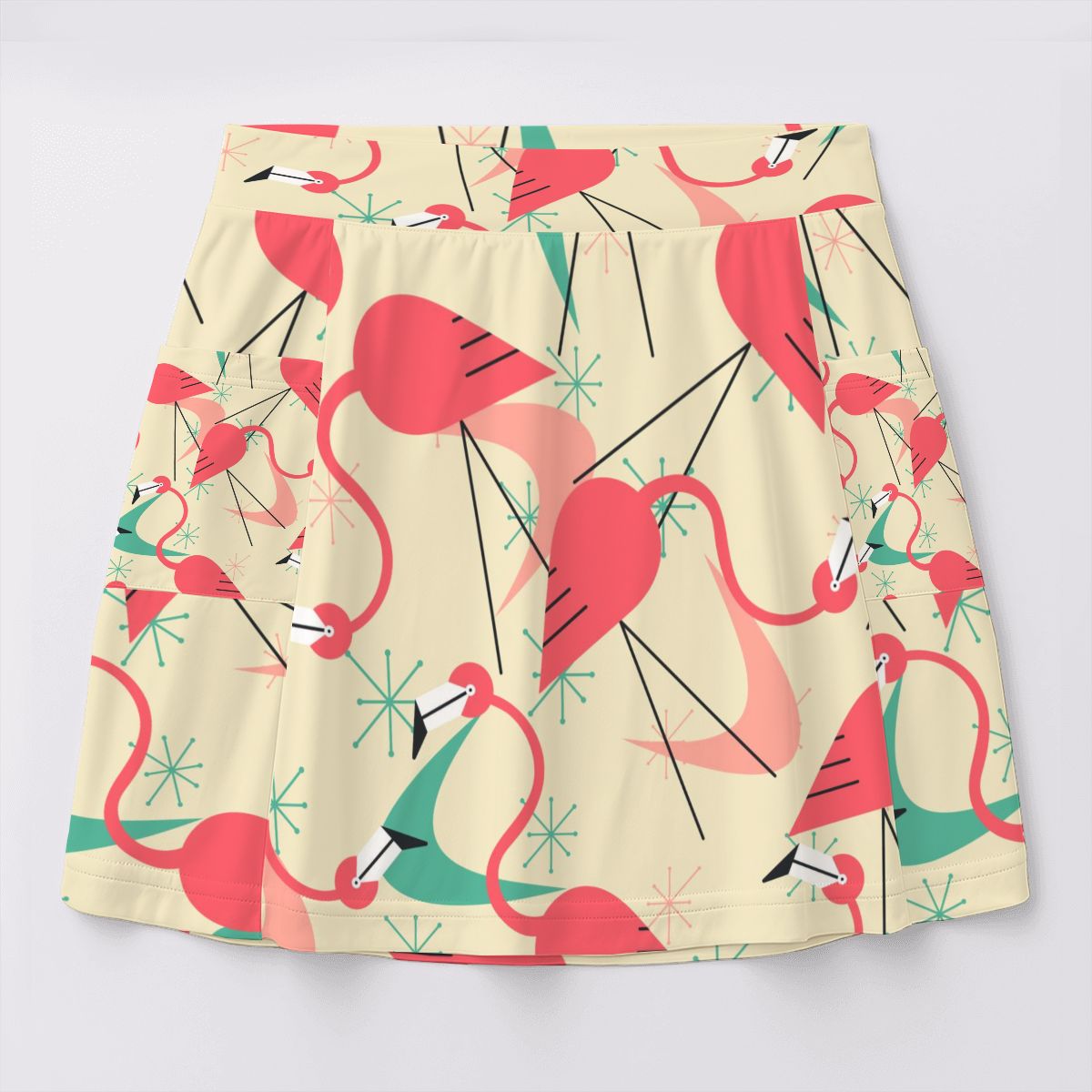 Retro Flamingo Kitschy Pink Beige Mod Women's Tennis Skort with Pockets - Mid Century Modern Gal