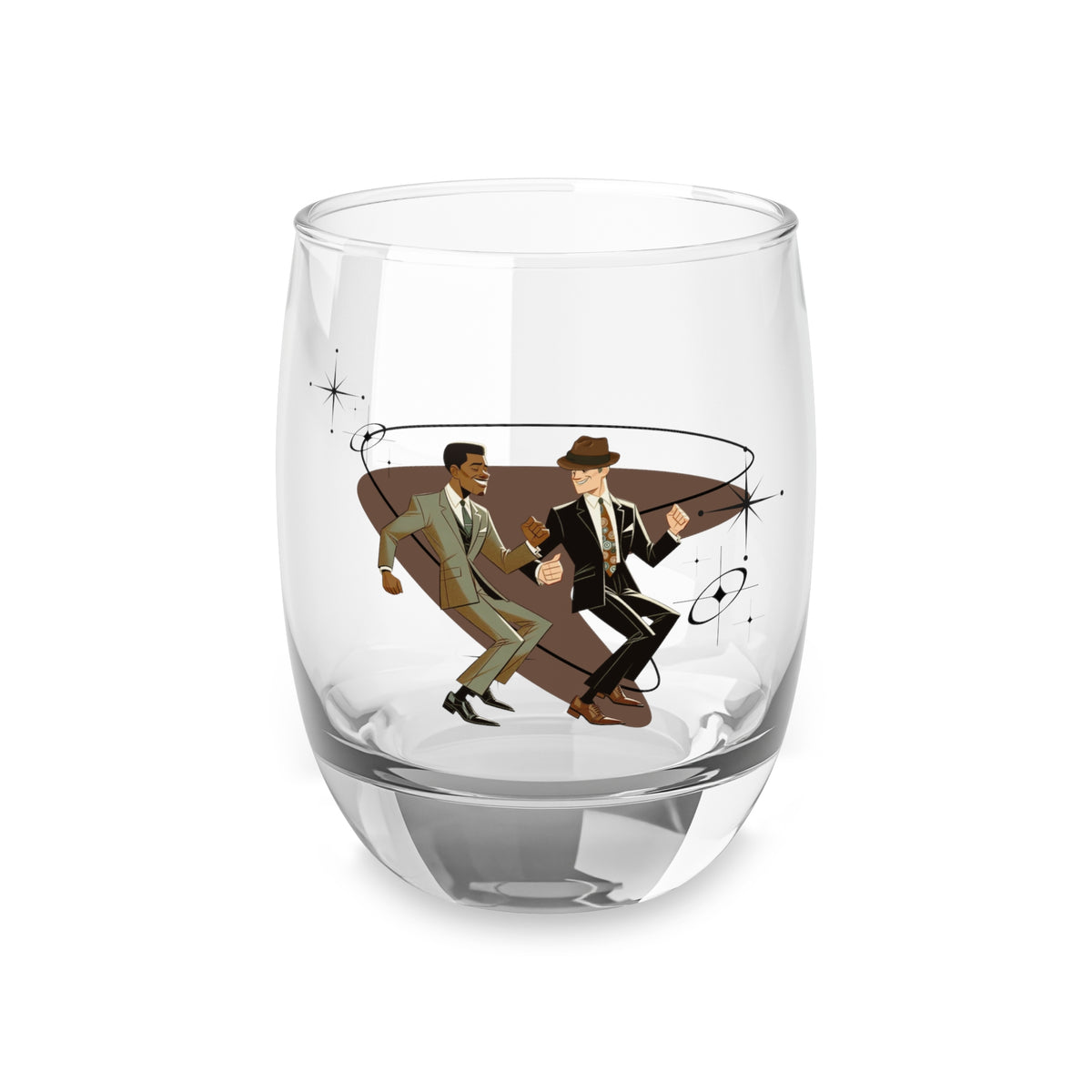 Mid Century Modern, Boomerang, Gay Couple, Black Man, White Man Kitschy 50s Whiskey Glass - Mid Century Modern Gal