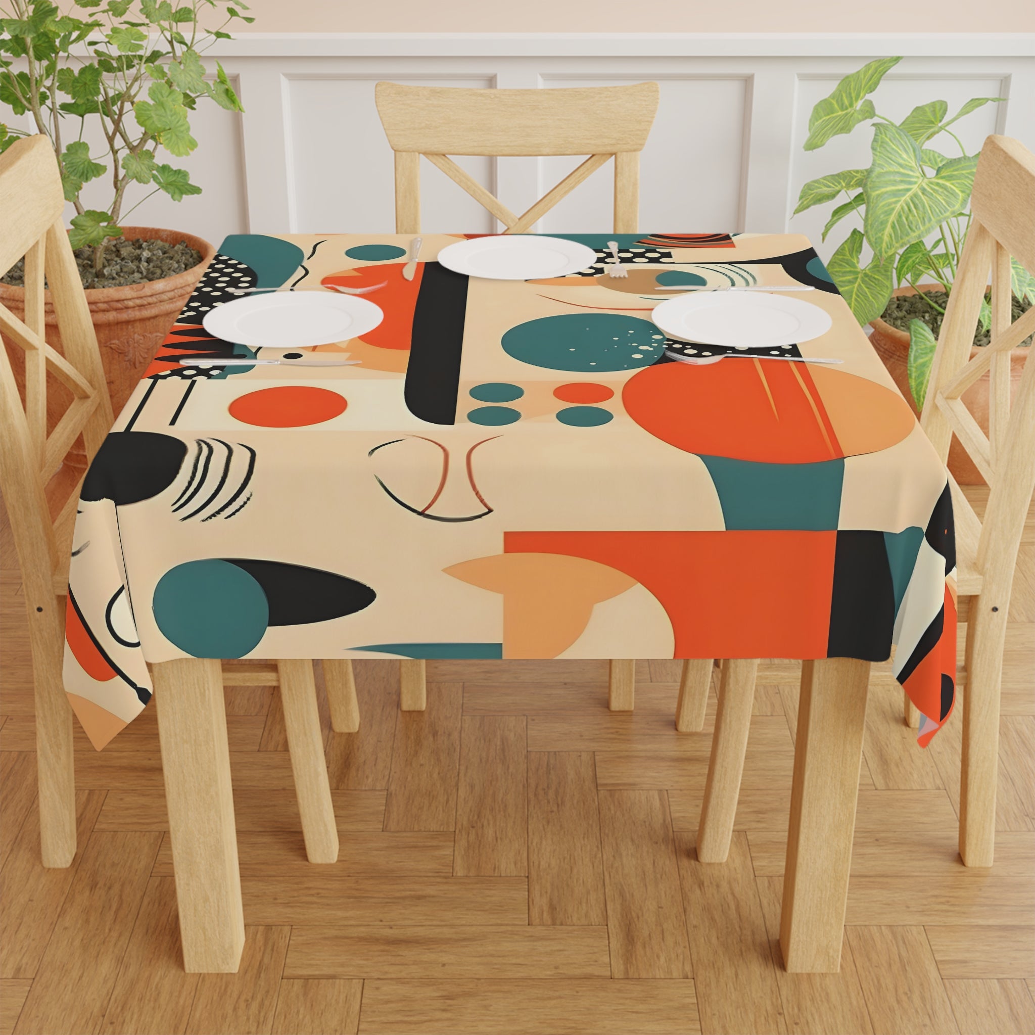 Mid Century Modern Bauhaus Designed Geometric Orange Teal, Tablecloth - Mid Century Modern Gal