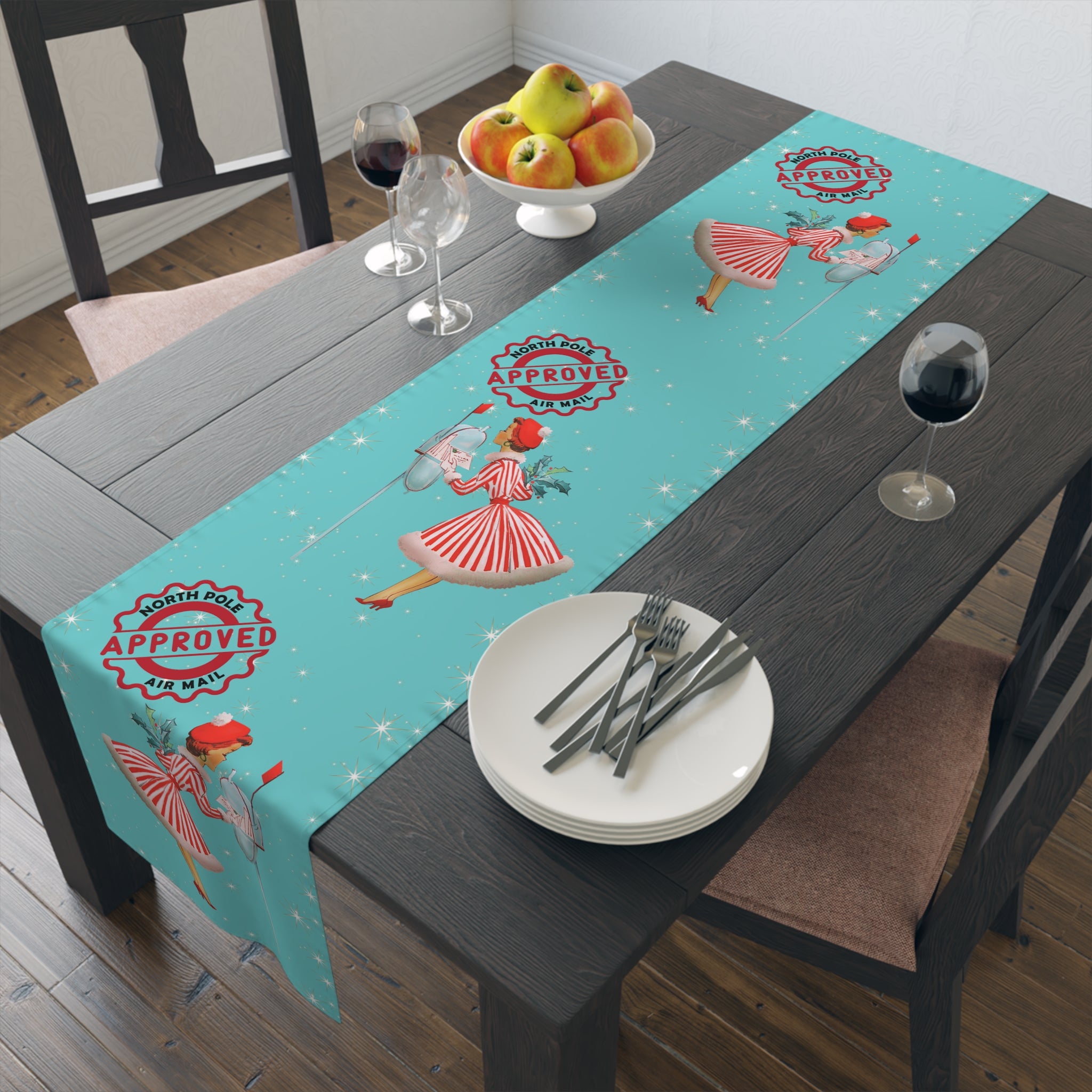 Whimsical 50s Retro Vintage Table Runner, Aqua Blue, North Pole Express, Vintage 50s Gal Holiday Christmas Table Linens - Mid Century Modern Gal